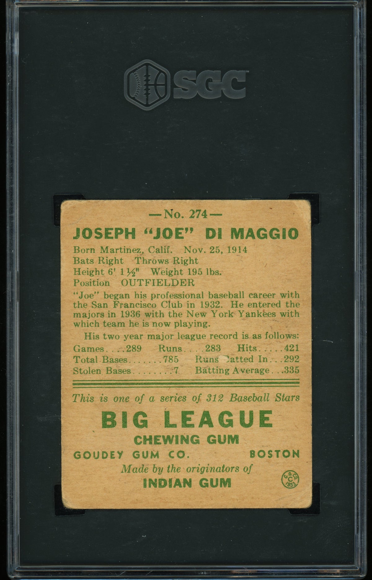 1938 Goudey Heads Up #274 Joe Dimaggio RC Rookie SGC 1.5 Well Centered