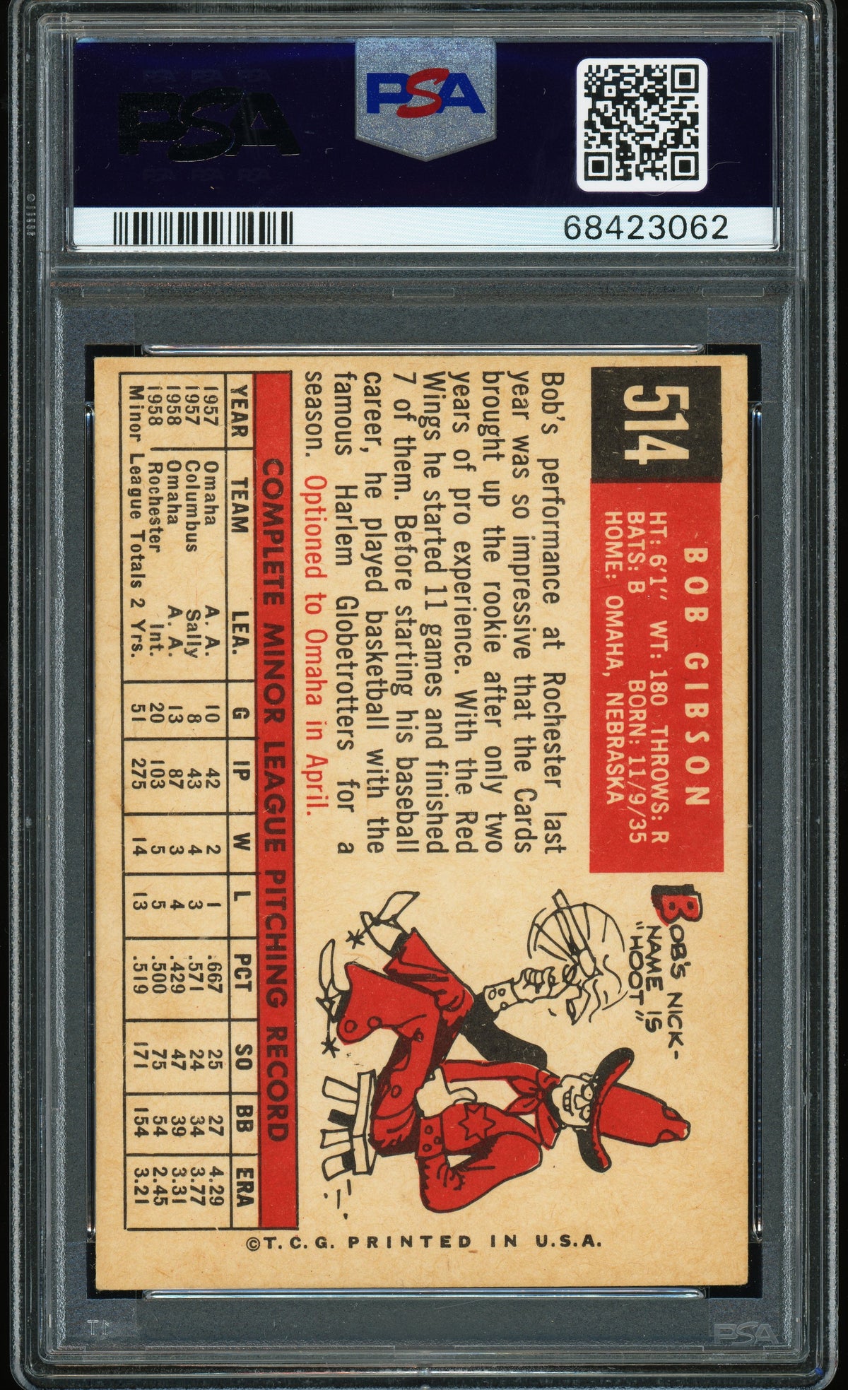 1959 Topps #514 Bob Gibson RC Rookie PSA 7 NM Nice Color New Label