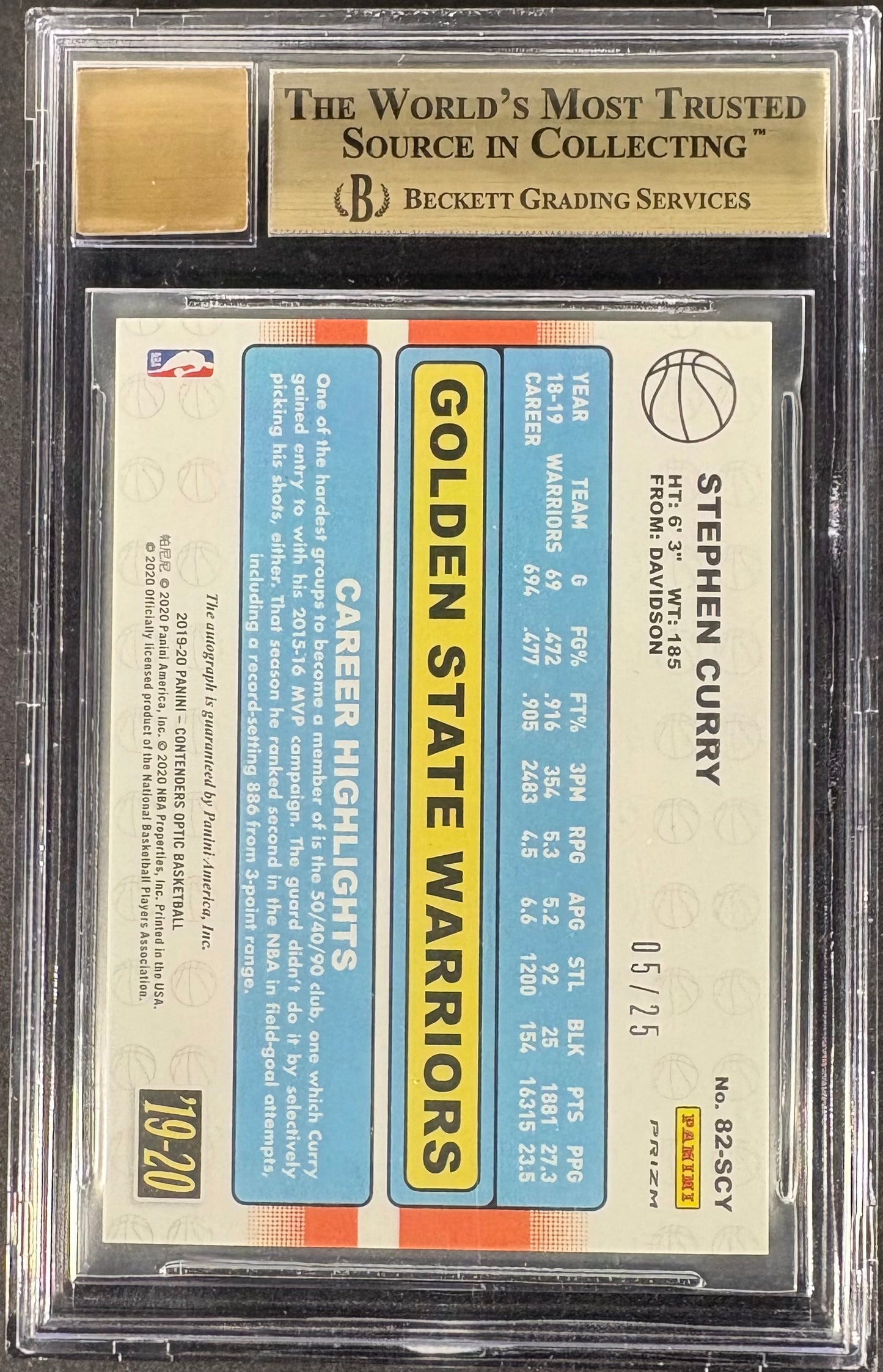 2019 Panini Contenders Optic 82 Tribute Steph Curry #8 BGS 9.5 AUTO 10 RED /25
