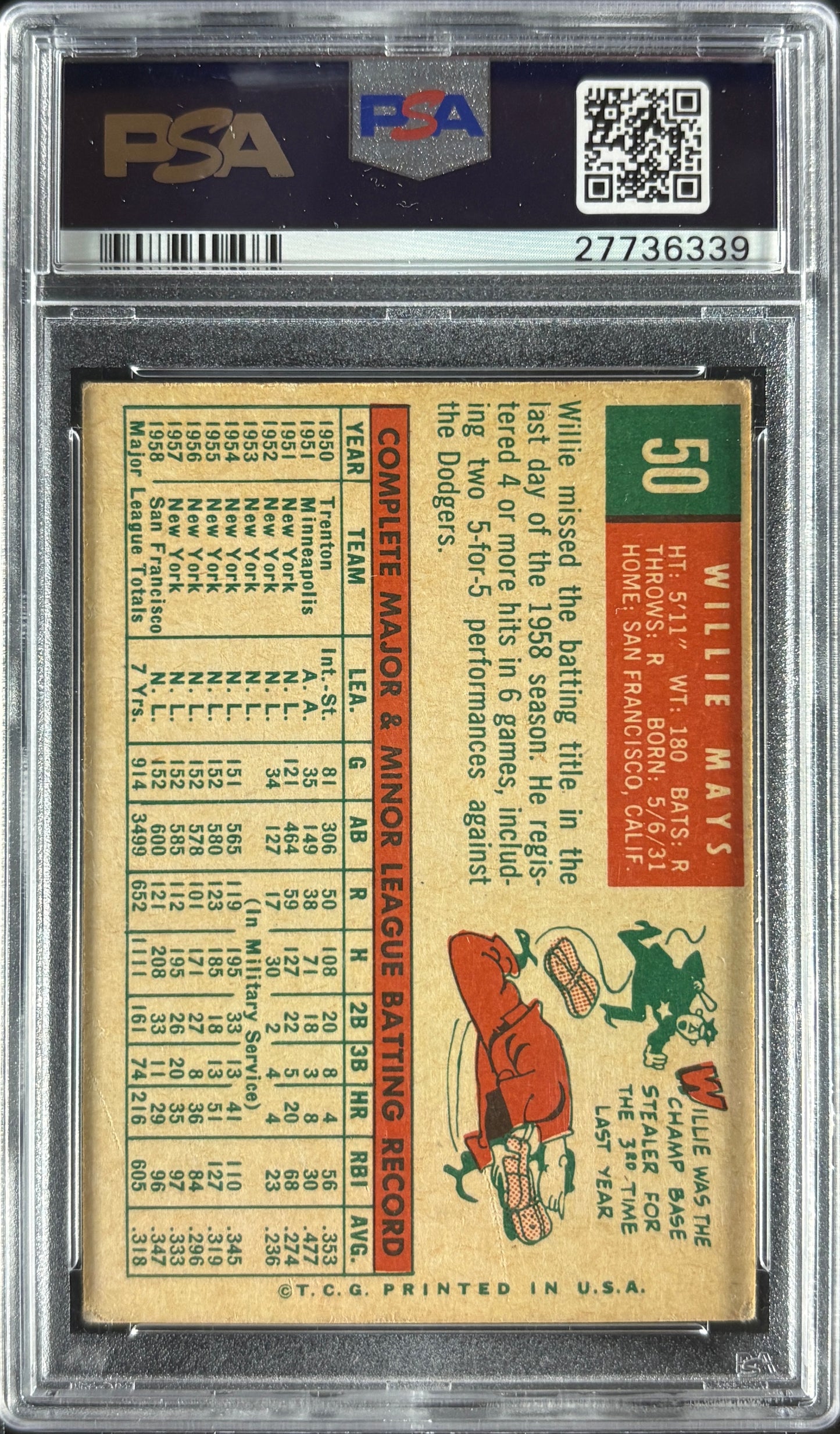 1959 Topps #50 Willie Mays PSA 5 EX New Label