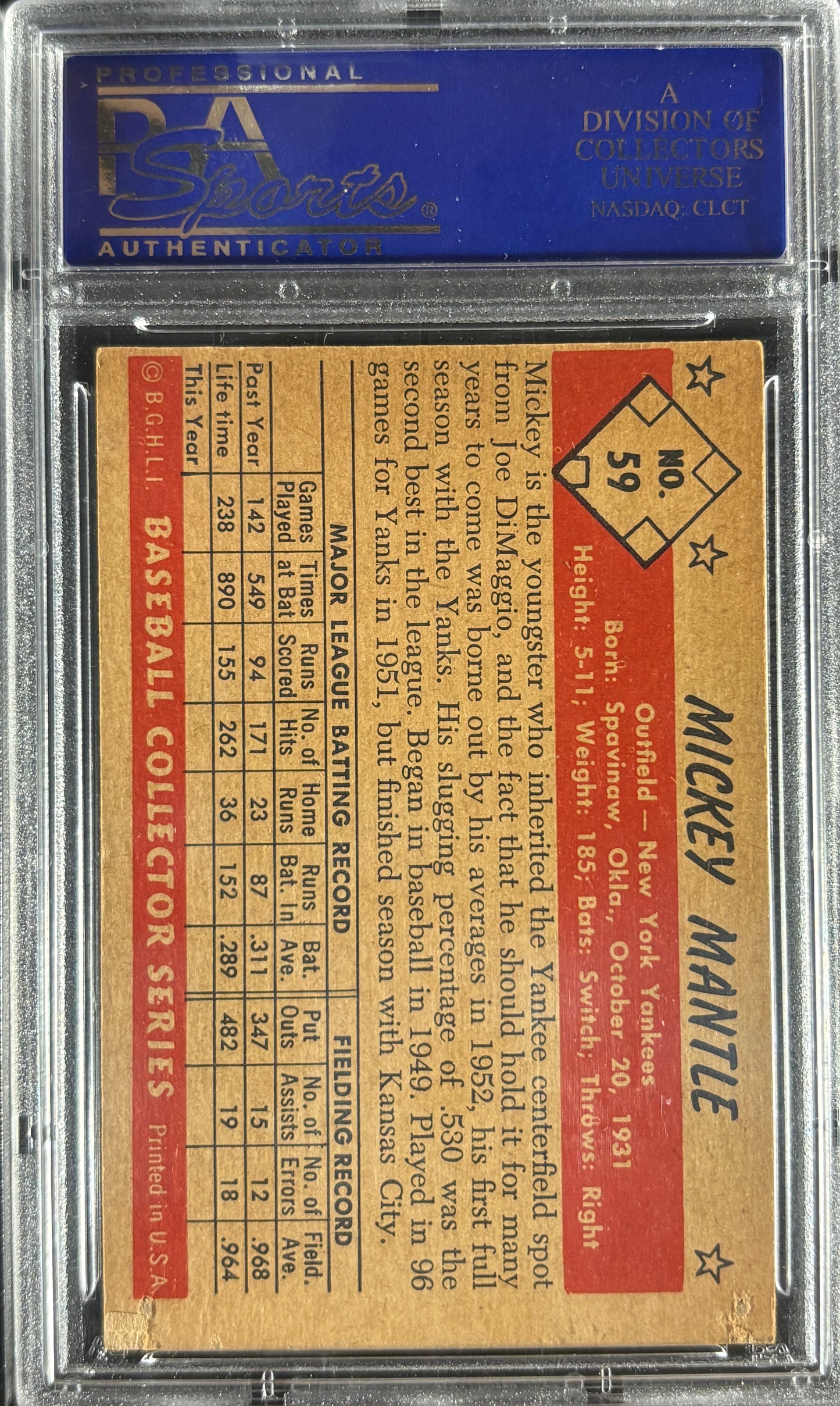 1953 Bowman Color #59 Mickey Mantle PSA 1 Fantastic Eye Appeal (pinhole)