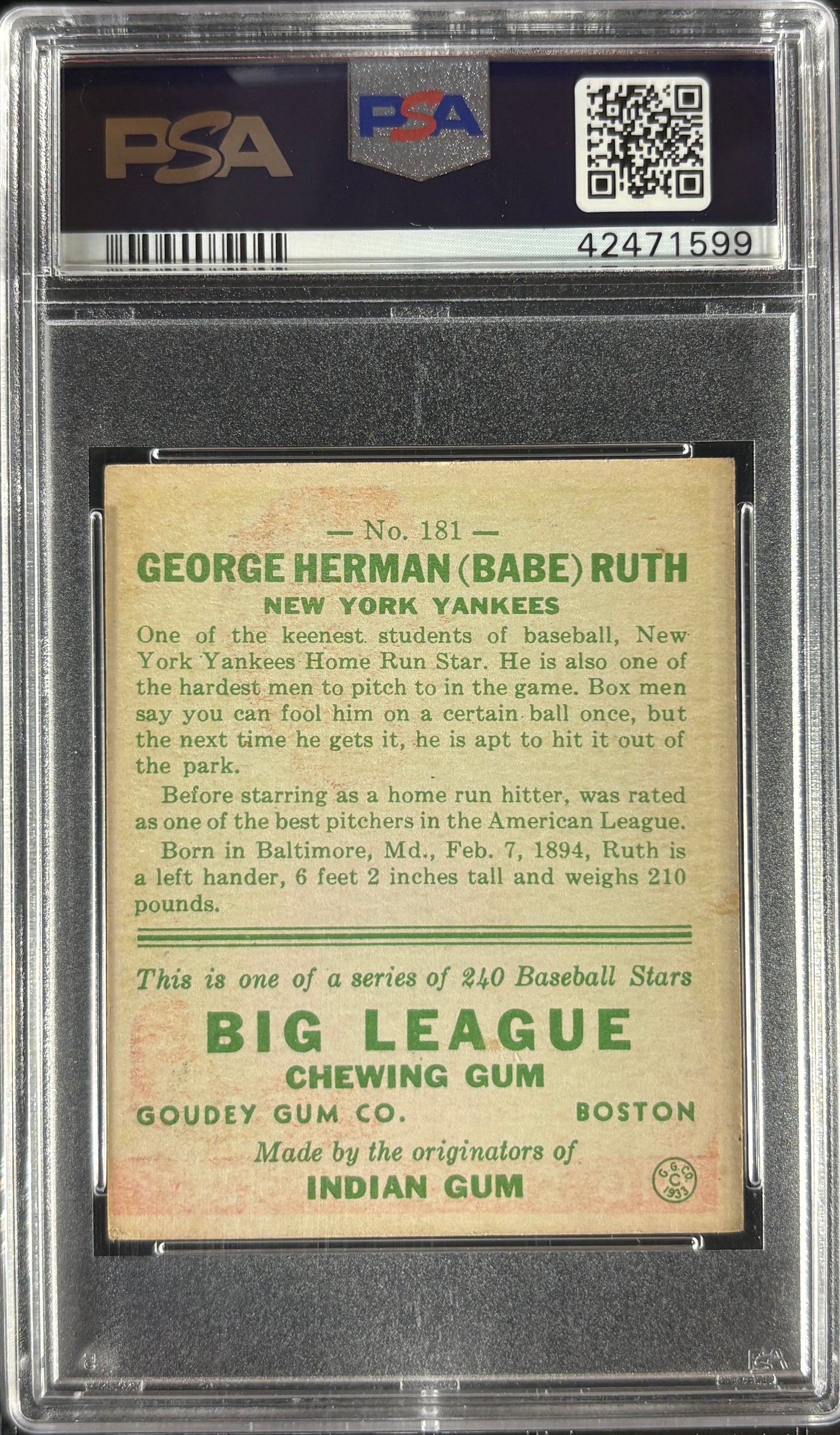 1933 Goudey #181 Babe Ruth PSA 5 EX SHARP + Nice Color New Label