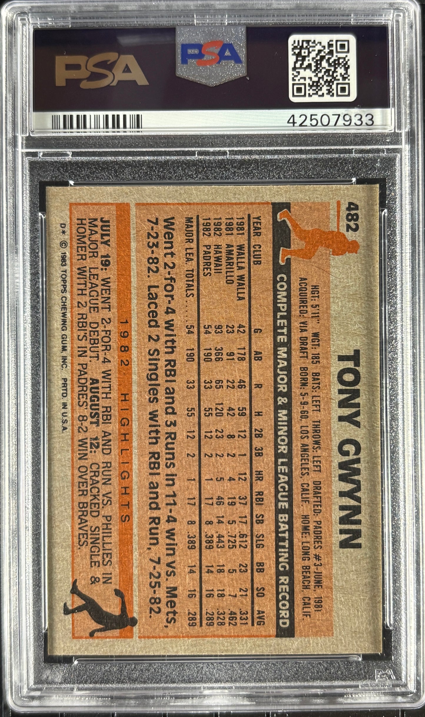 1983 Topps #482 Tony Gwynn RC Rookie PSA 10 GEM MINT New Label