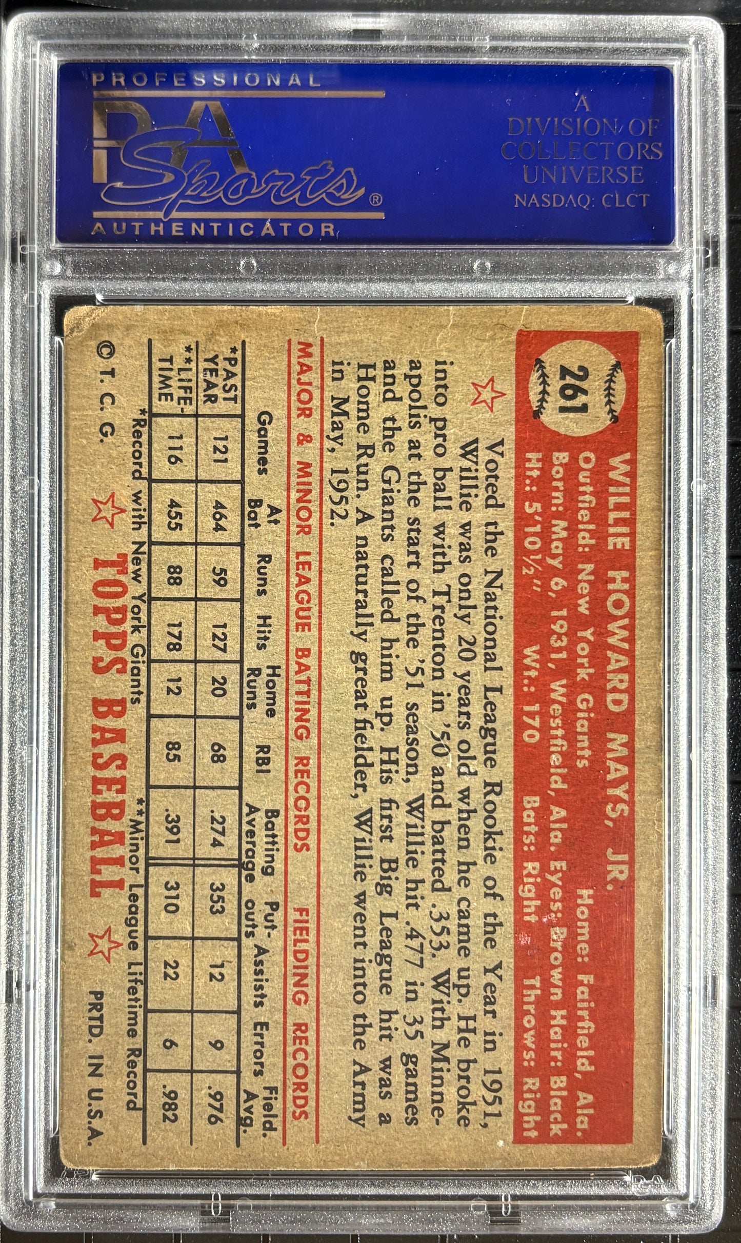 1952 Topps #261 Willie Mays PSA 3 VG Well Centered + Nice Color