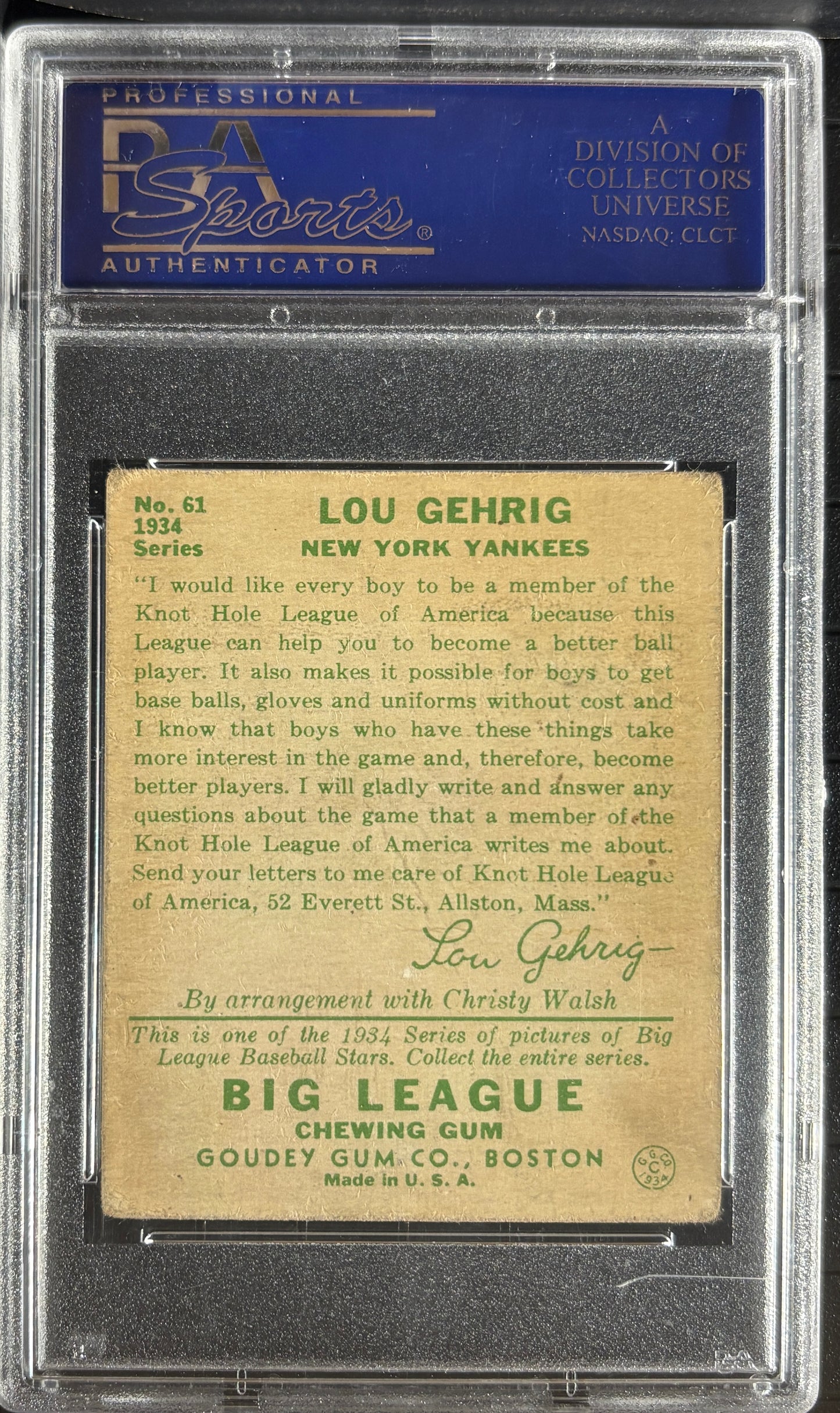 1934 Goudey #61 Lou Gehrig PSA 3.5 VG+ Nice Color