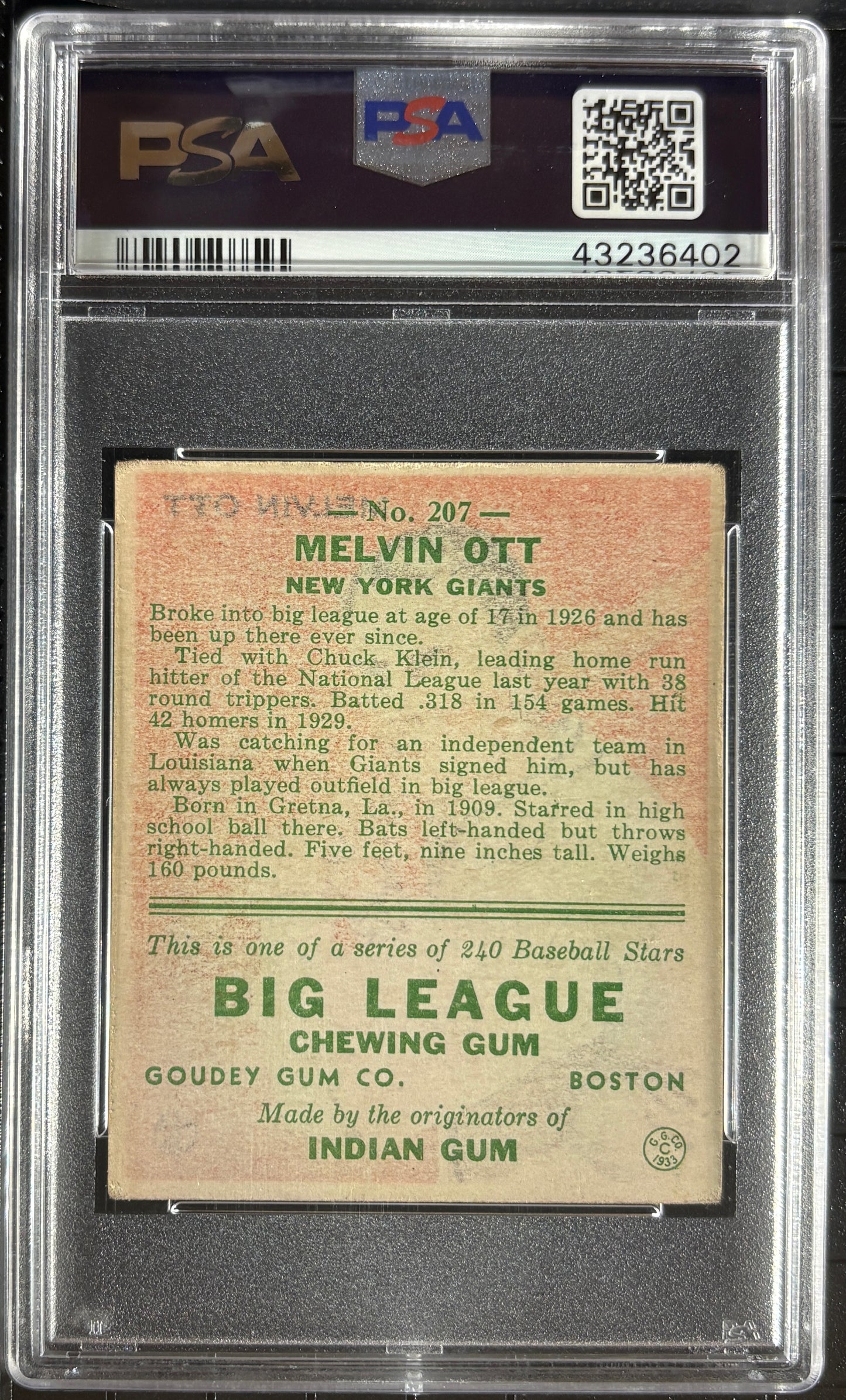 1933 Goudey #207 Mel Ott PSA 4 VG-EX New Label