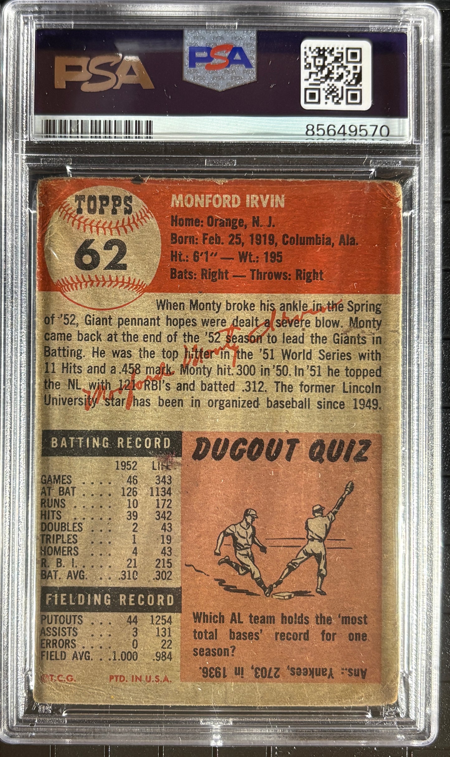 1956 Monte Irvin PSA Authentic AUTO Autograph