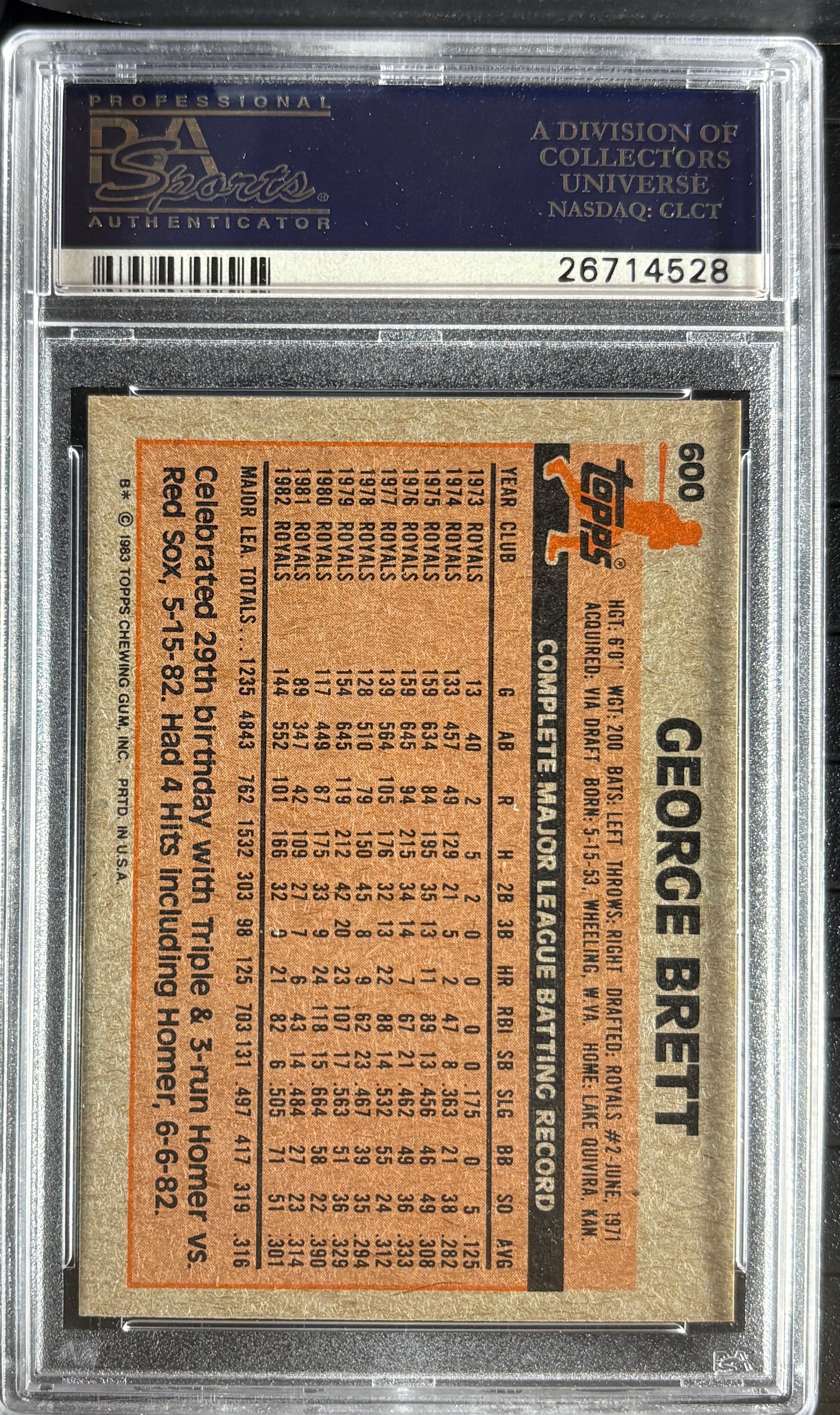 1983 Topps #600 George Brett PSA 10 GEM MINT