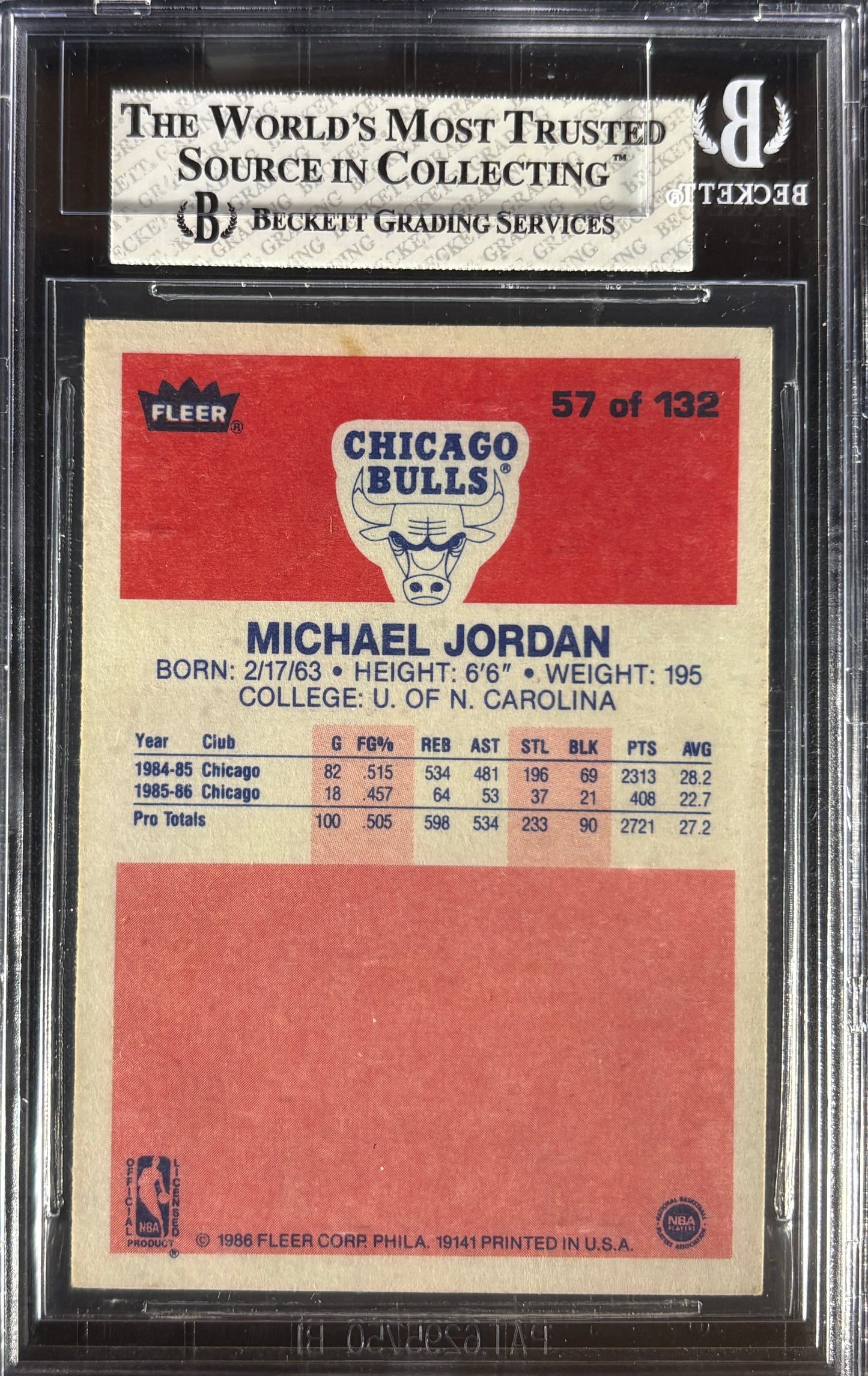 1986 Fleer #57 Michael Jordan RC Rookie BGS 7.5 NM+ w/ 9.5 Centering