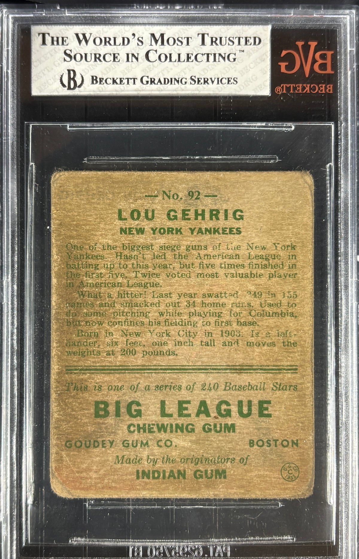 1933 Goudey #92 Lou Gehrig BVG 2.5 GD+