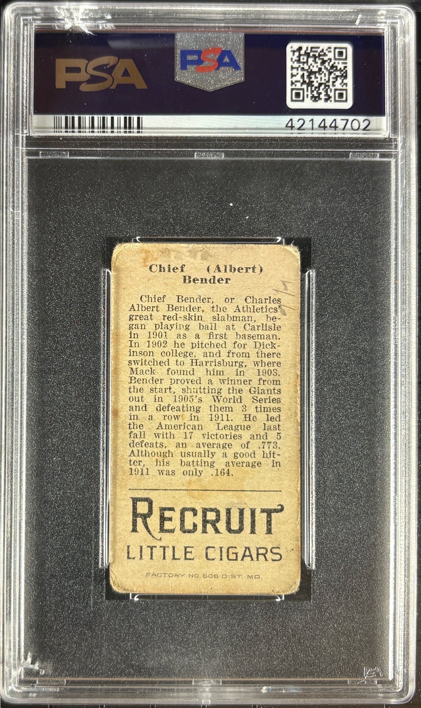 1912 T207 Brown Background Chief Bender PSA 2 mk