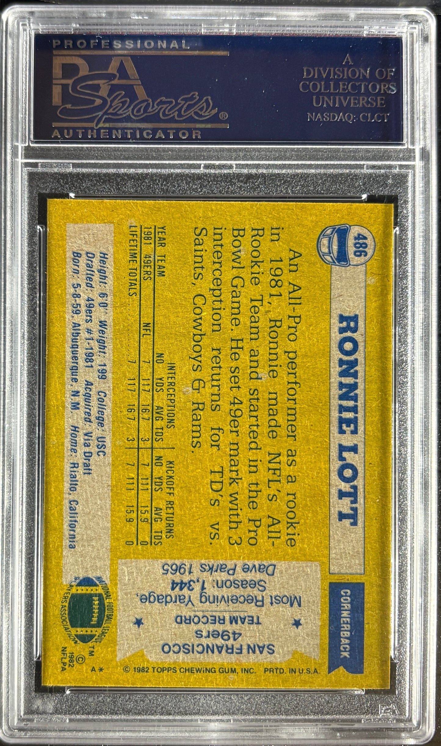 1982 Topps #486 Ronnie Lott RC Rookie PSA 10 GEM MINT