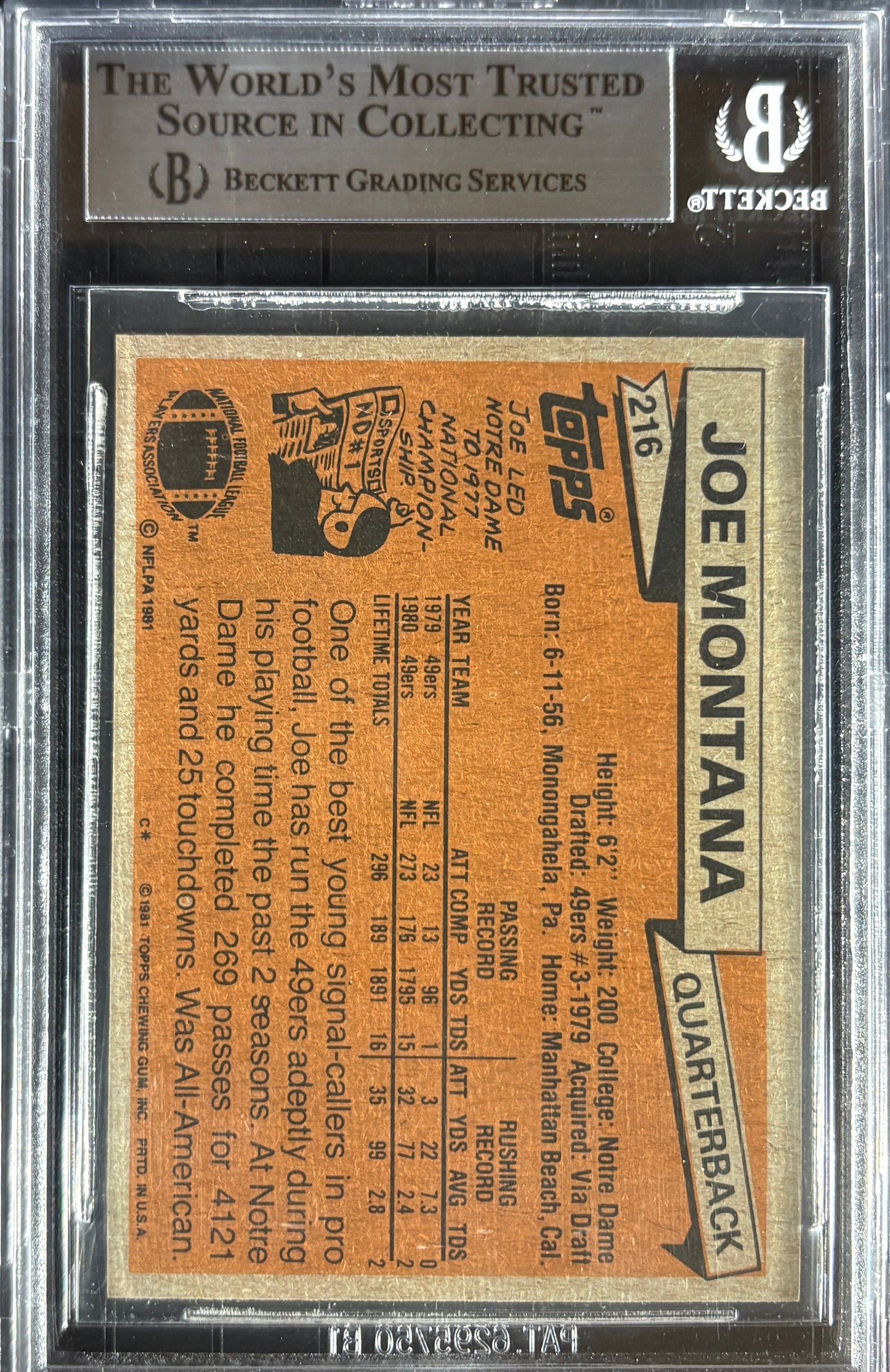1981 Topps #216 Joe Montana RC Rookie BGS 9 MINT Well Centered