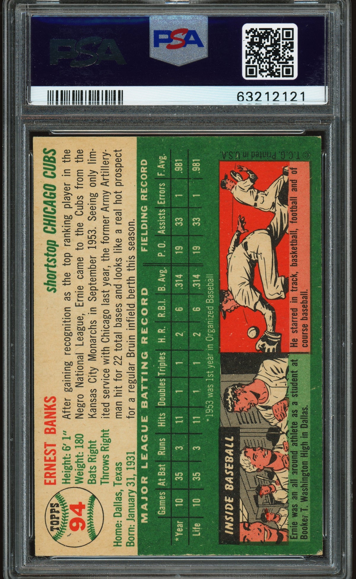 1954 Topps #94 Ernie Banks RC Rookie PSA 6 EX-MT New Label