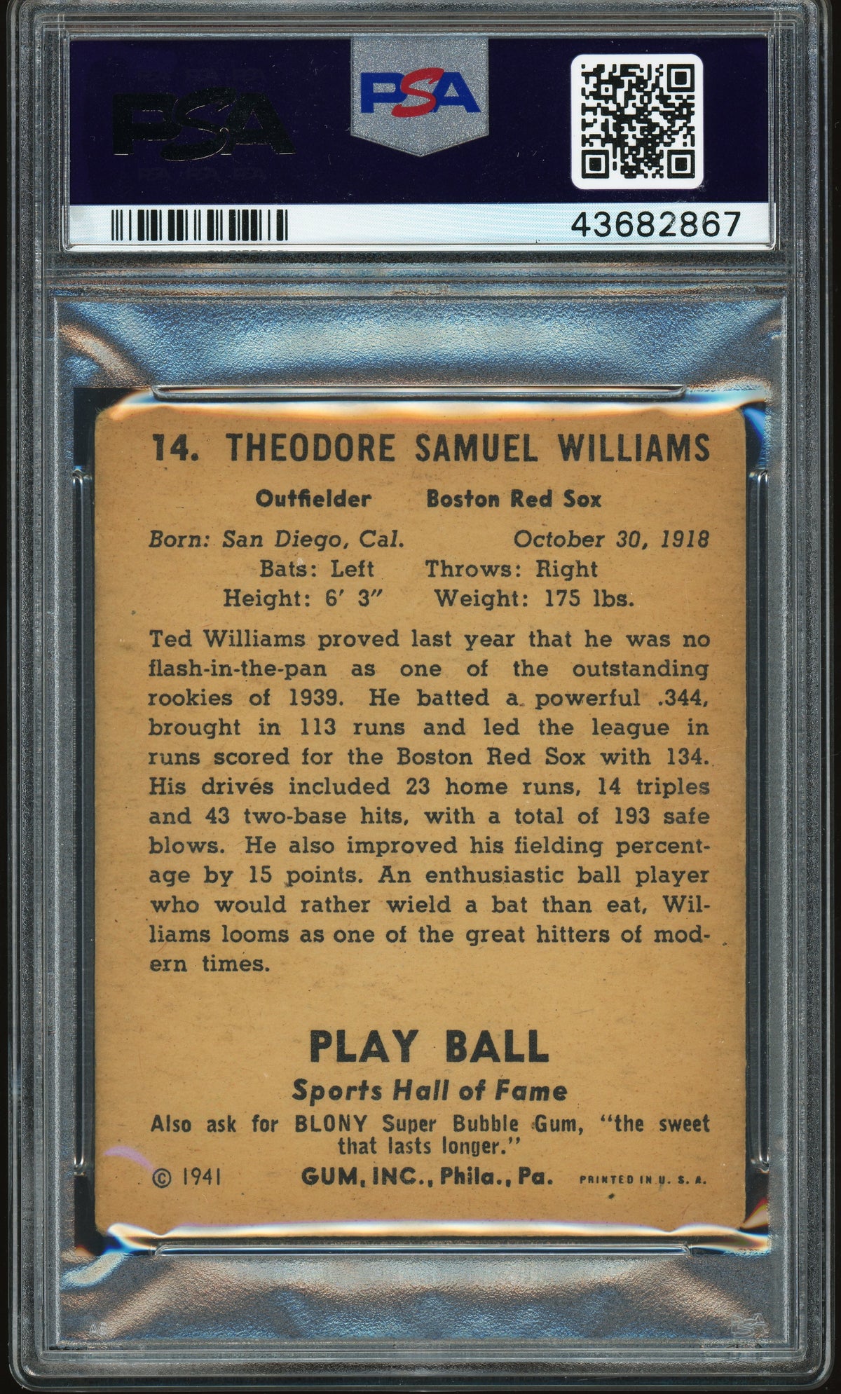 1941 Play Ball #14 Ted Williams PSA 2.5 GD+ CREASE FREE New Label