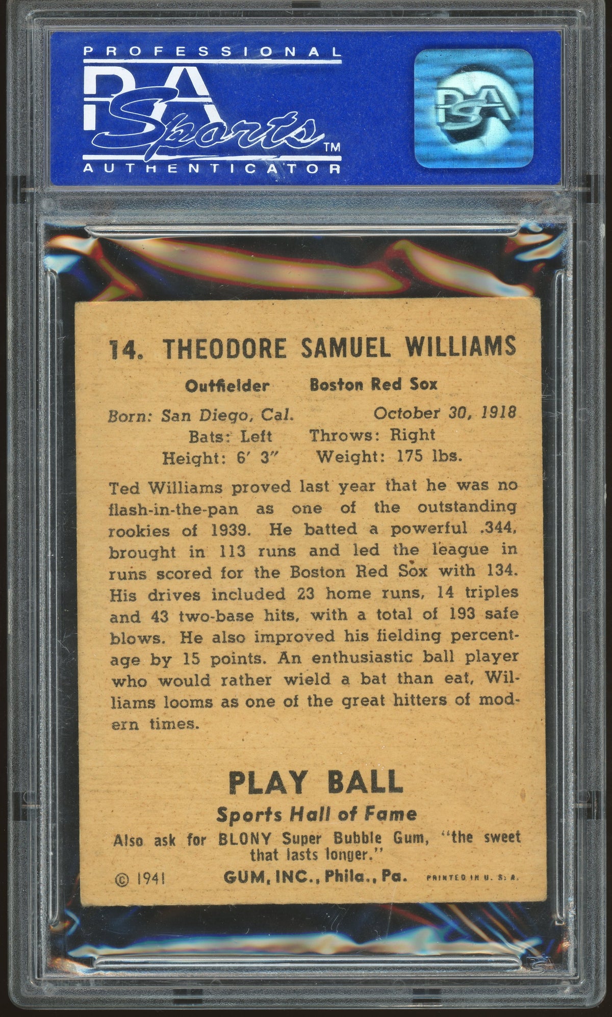 1941 Play Ball #14 Ted Williams PSA 3 VG Nice Color