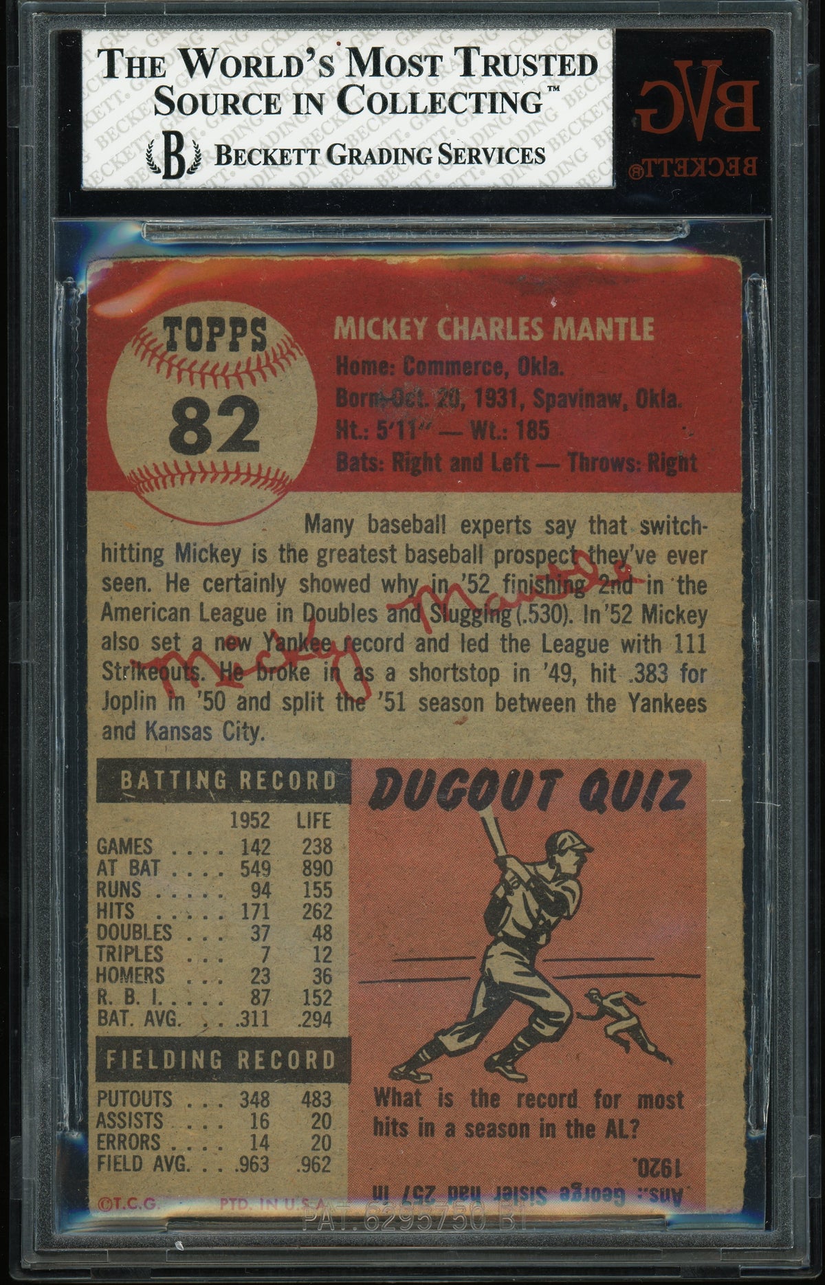 1953 Topps #82 Mickey Mantle BVG 1.5 CREASE FREE Nice Color