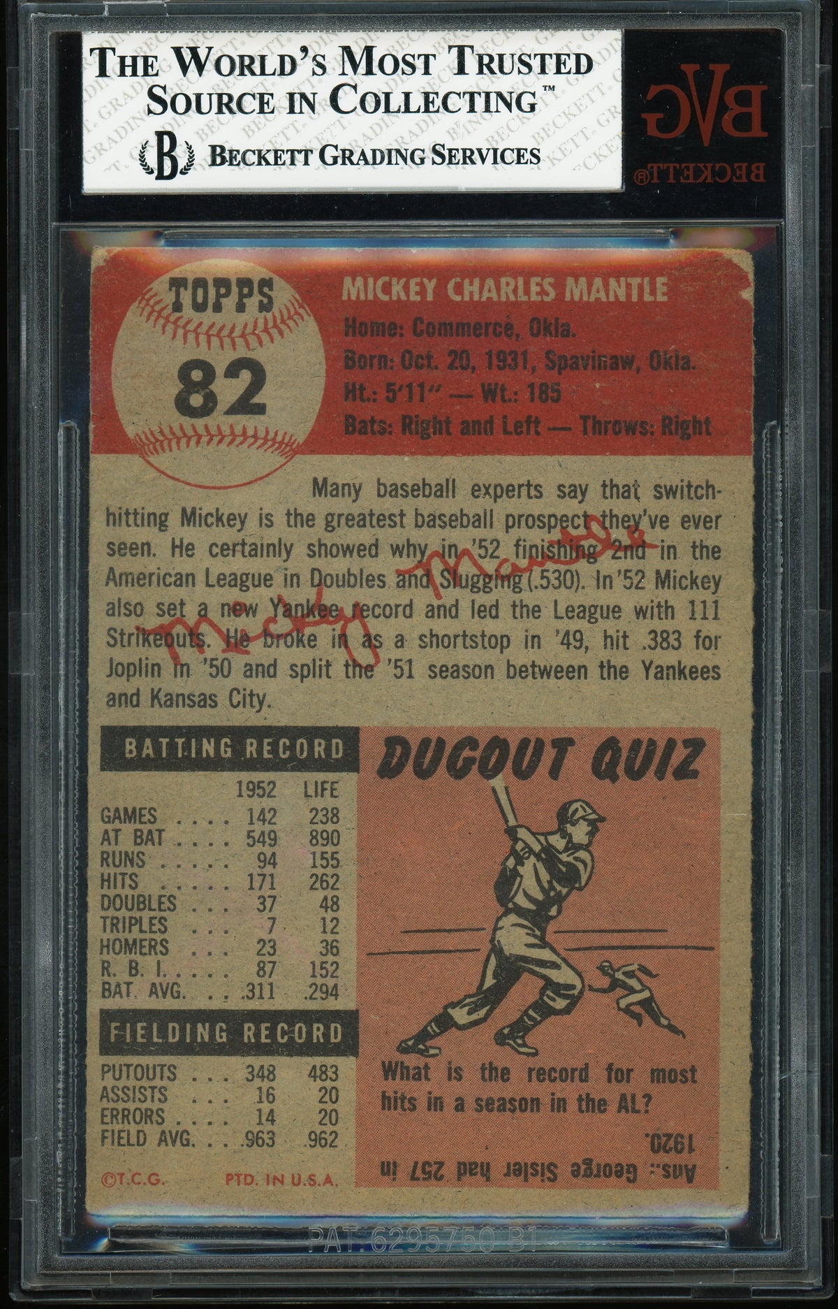 1953 Topps #82 Mickey Mantle BVG 2 GD Nice Eye Appeal