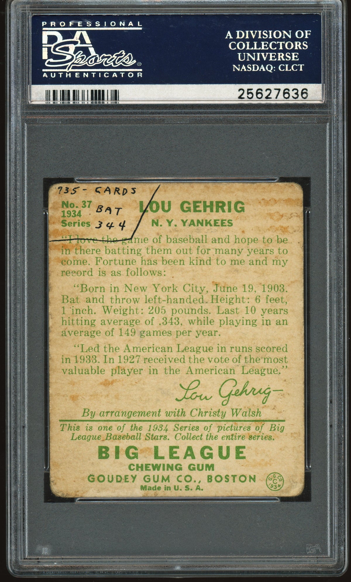 1934 Goudey #37 Lou Gehrig PSA 2 mk