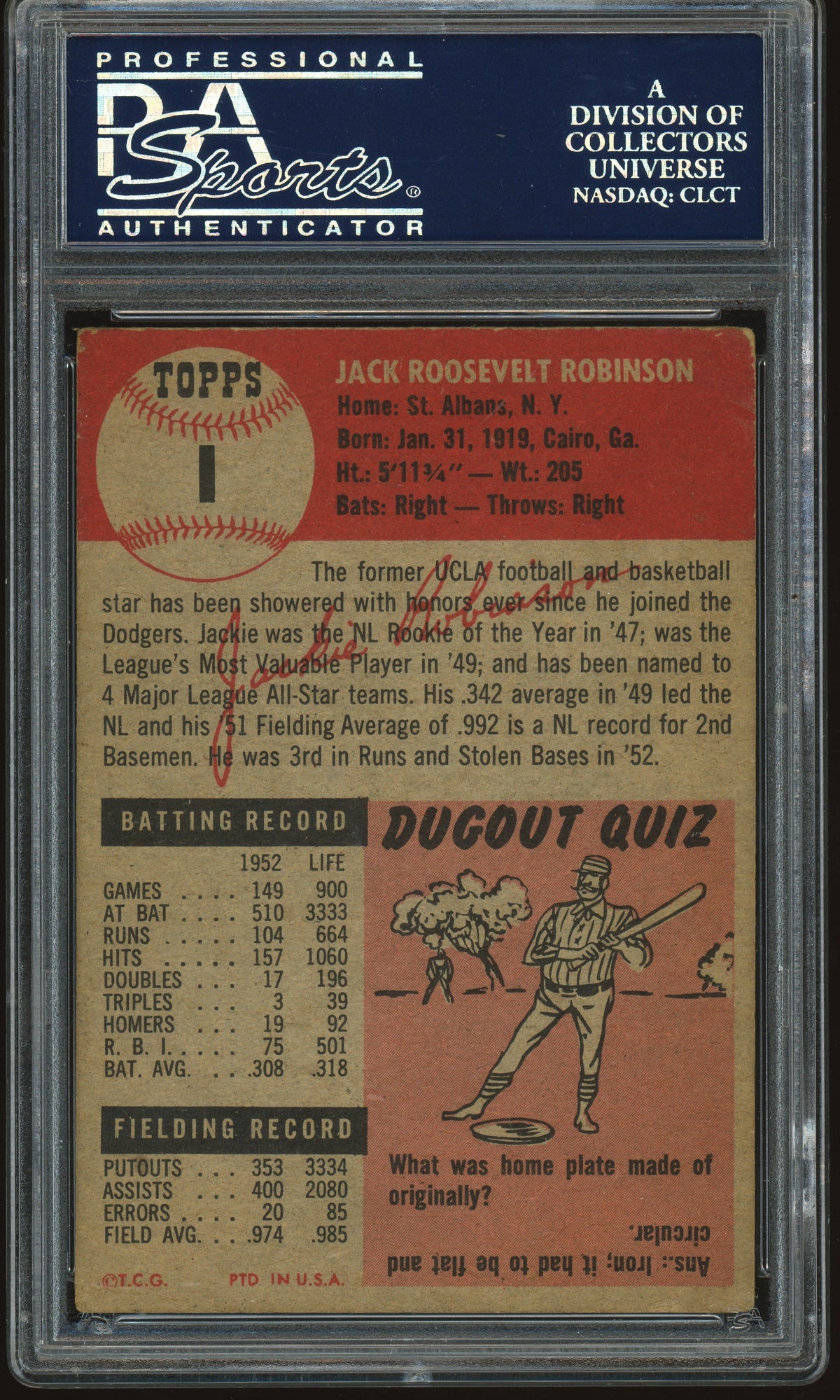 1953 Topps #1 Jackie Robinson PSA 1.5 CENTERED