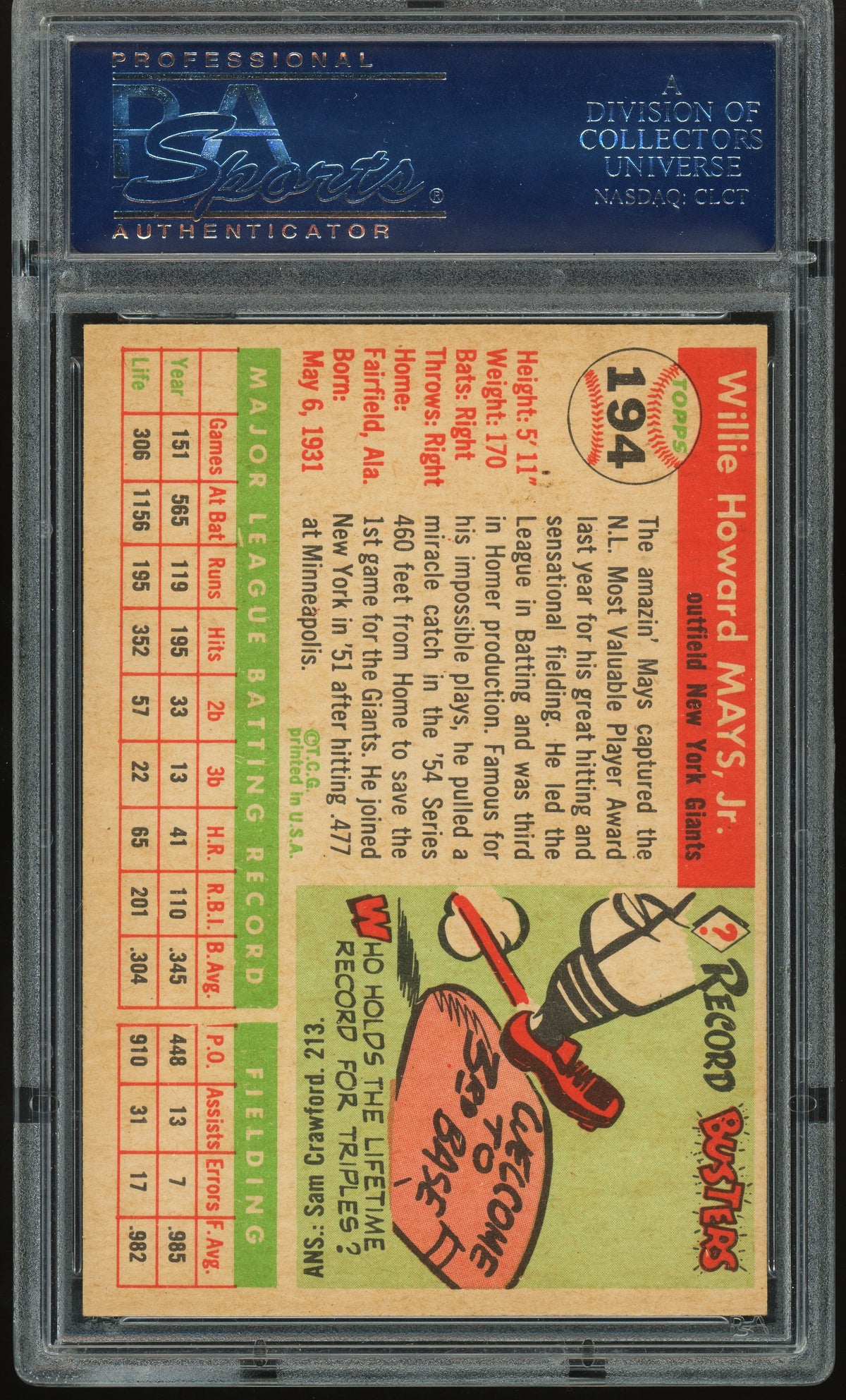 1955 Topps #194 Willie Mays PSA 8 oc Nice Color