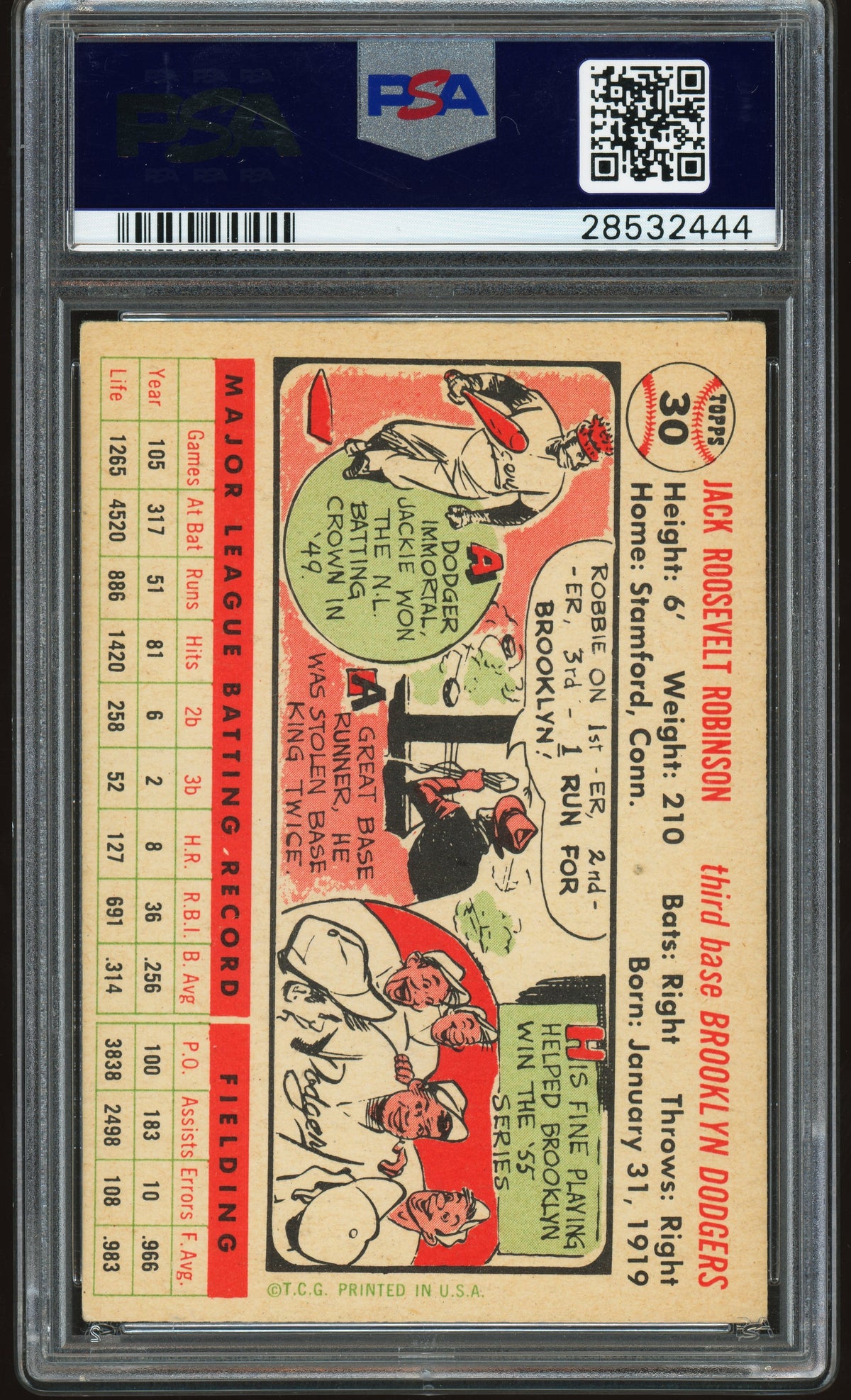 1956 Topps #30 Jackie Robinson White Back PSA 4 VG-EX Nice Color New Label