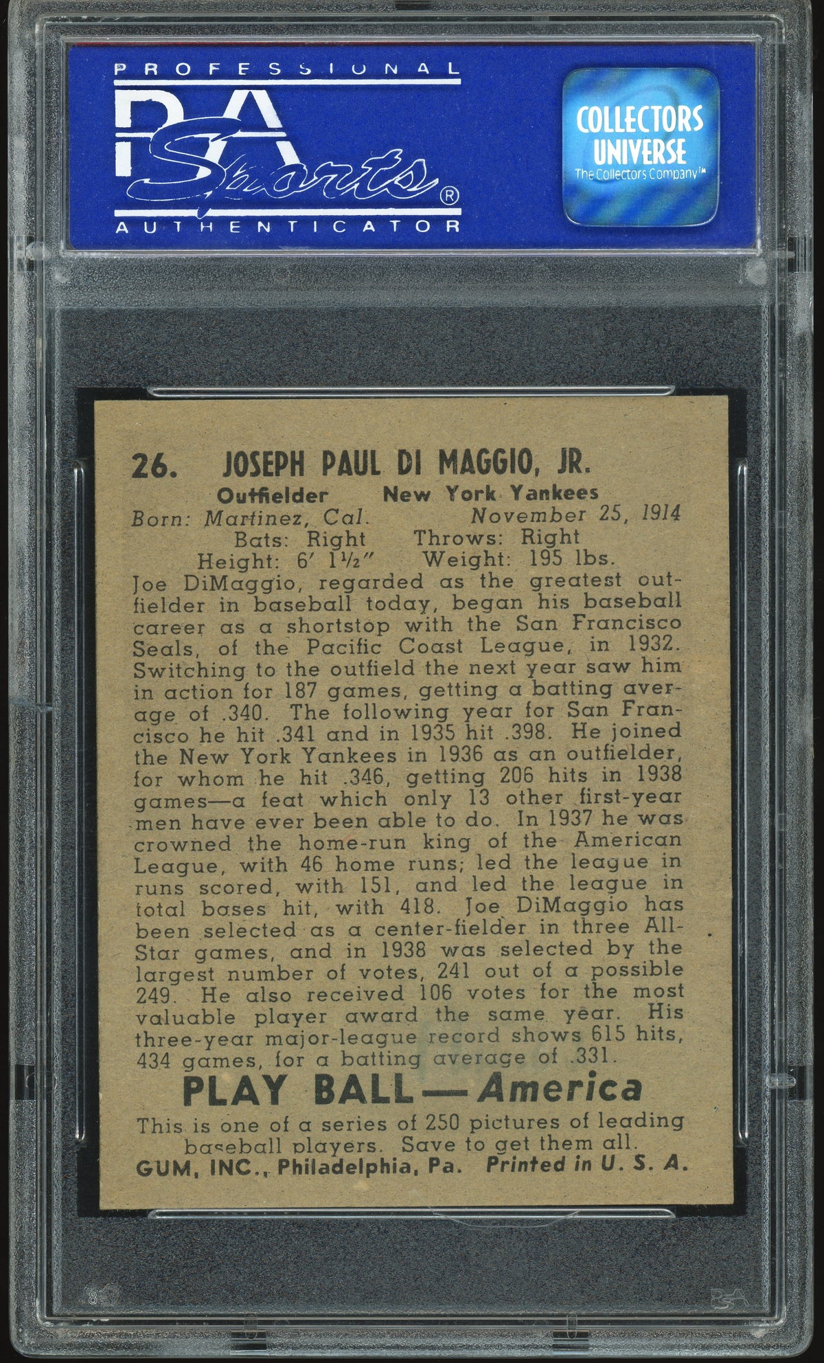 1939 Play Ball #26 Joe DiMaggio PSA 8 NM-MT High Grade