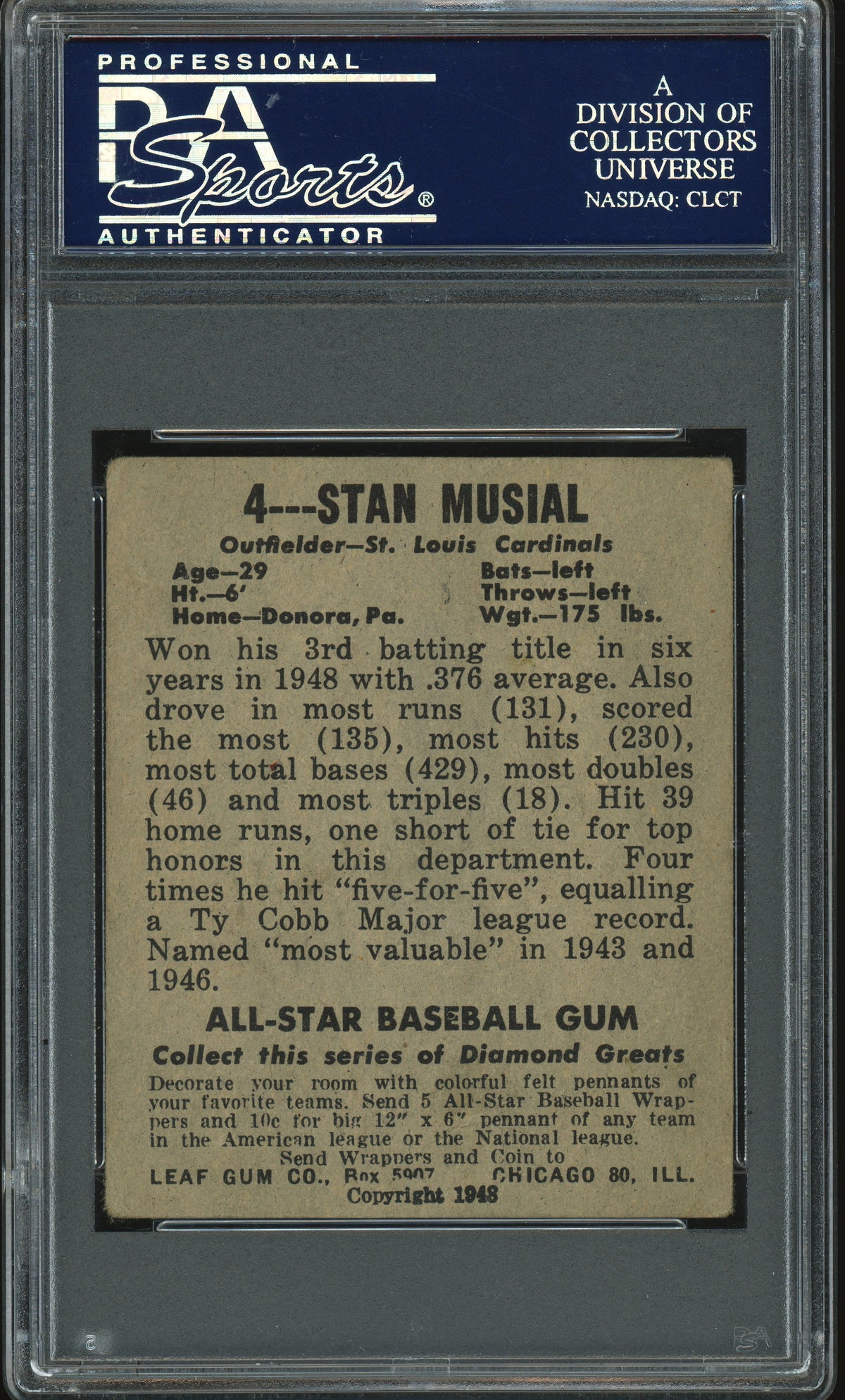 1948 Leaf #4 Stan Musial RC Rookie PSA 3 VG Nice Color + Well Centered