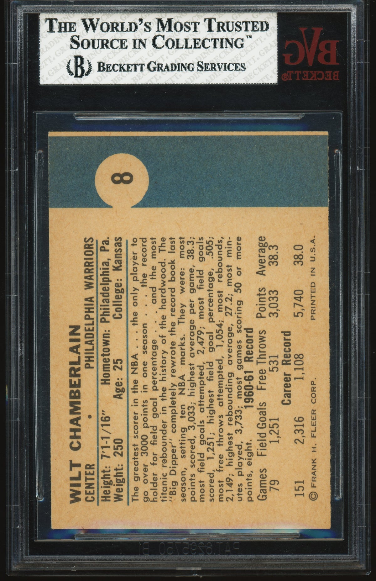1961 Fleer #8 Wilt Chamberlain RC Rookie BVG 5.5 EX+ STUNNING EYE APPEAL