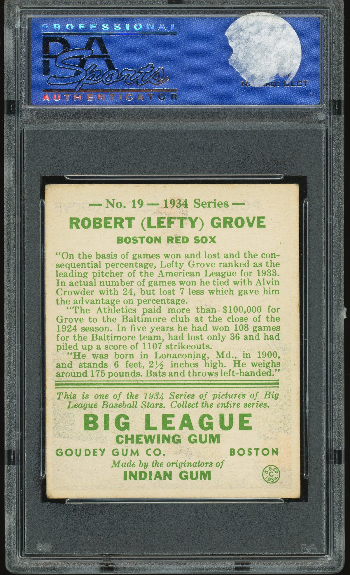 1934 Goudey #19 Robert Lefty Grove PSA 5 EX