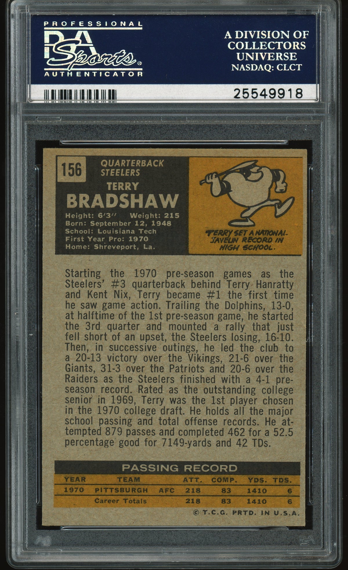 1971 Topps #156 Terry Bradshaw RC Rookie PSA 5 EX Nice Color