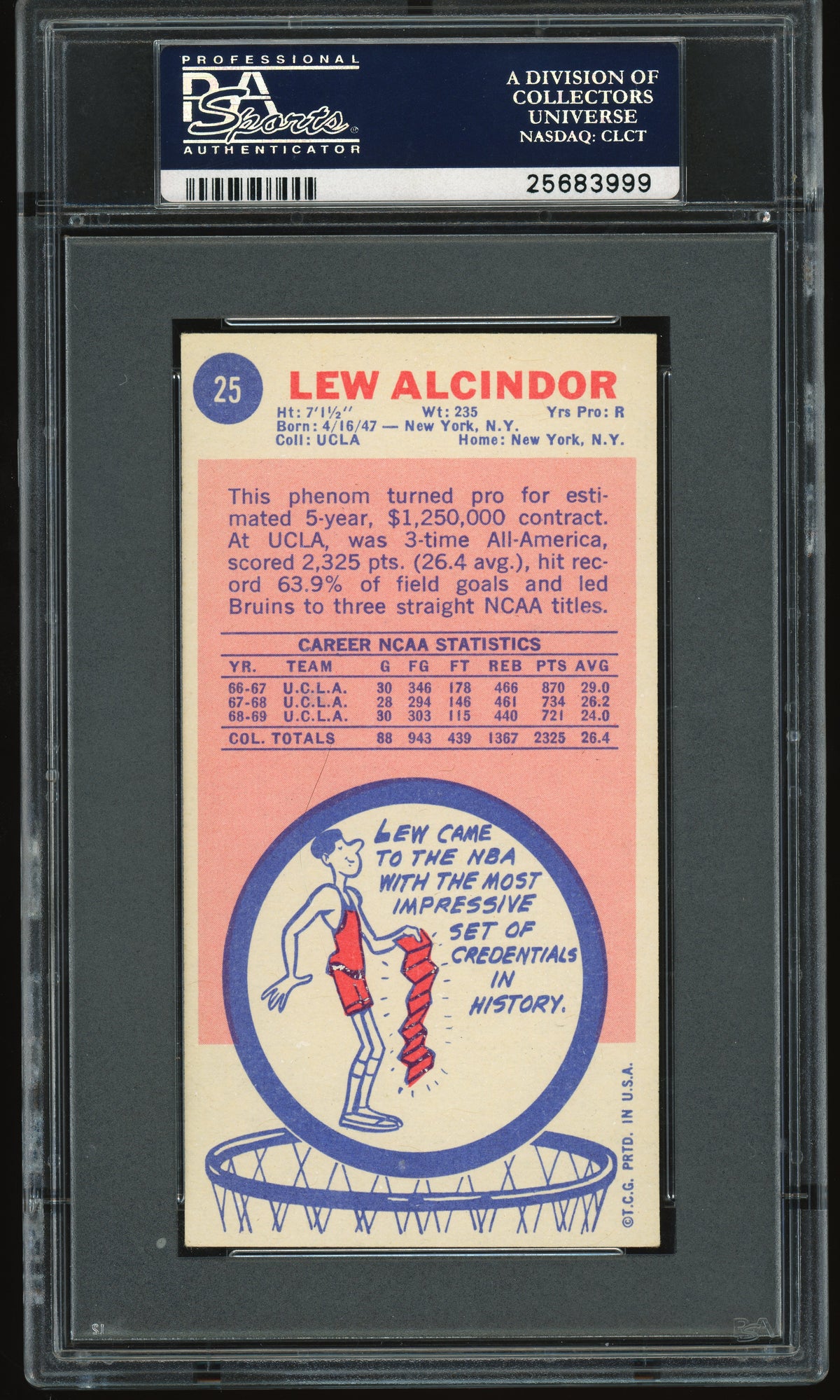 1969 Topps #25 Lew Alcindor Kareem Abdul Jabbar RC Rookie PSA 5 EX