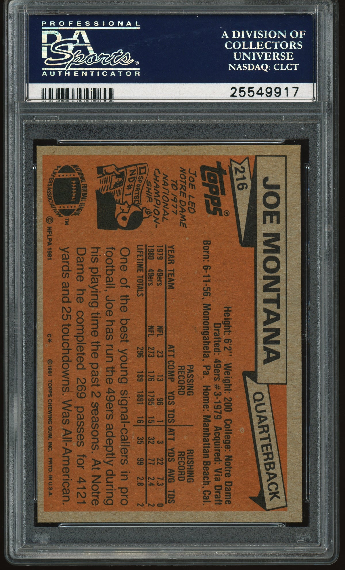 1981 Topps #216 Joe Montana RC Rookie PSA 8 NM-MT Well Centered