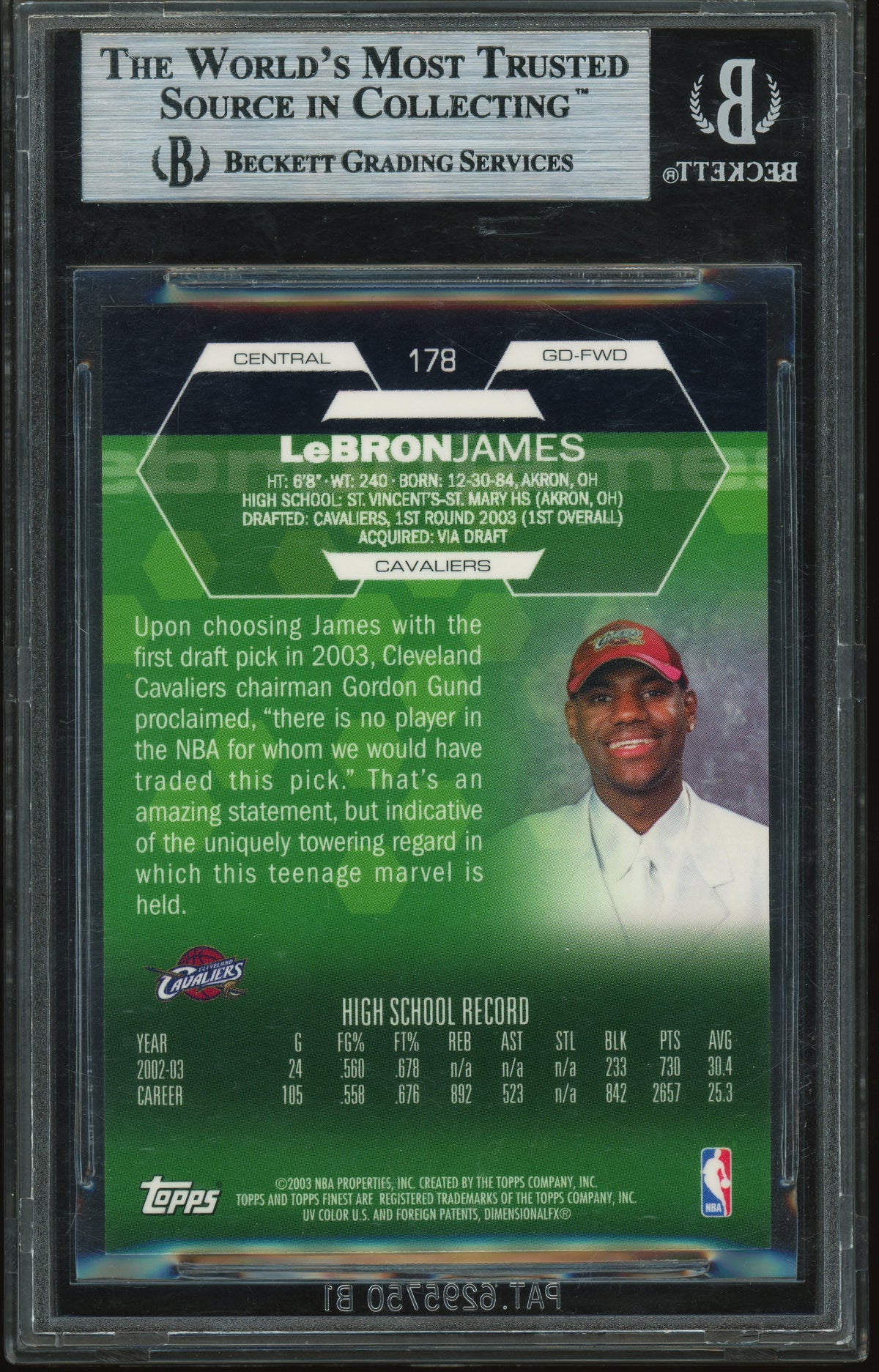 2003 Topps Finest #178 LeBron James RC Rookie BGS 9 MINT