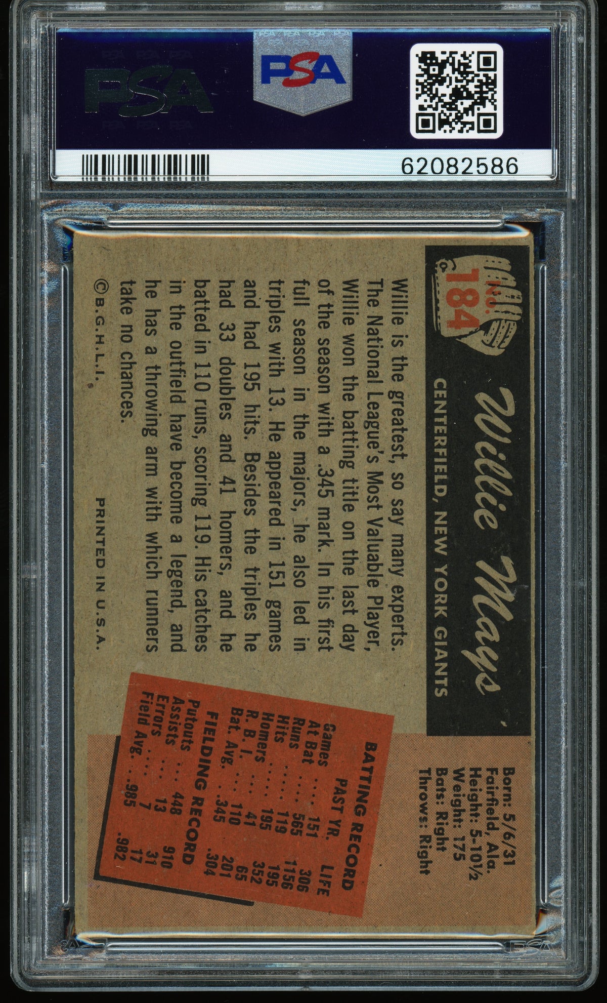 1955 Bowman #184 Willie Mays PSA 3 VG Nice Color New Label
