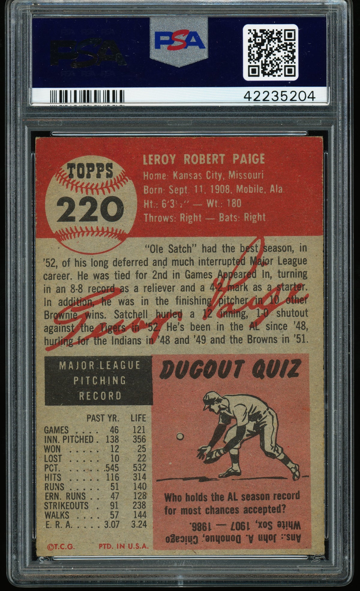 1953 Topps #220 Satchell Satchel Paige PSA 5 EX Nice Color New Label