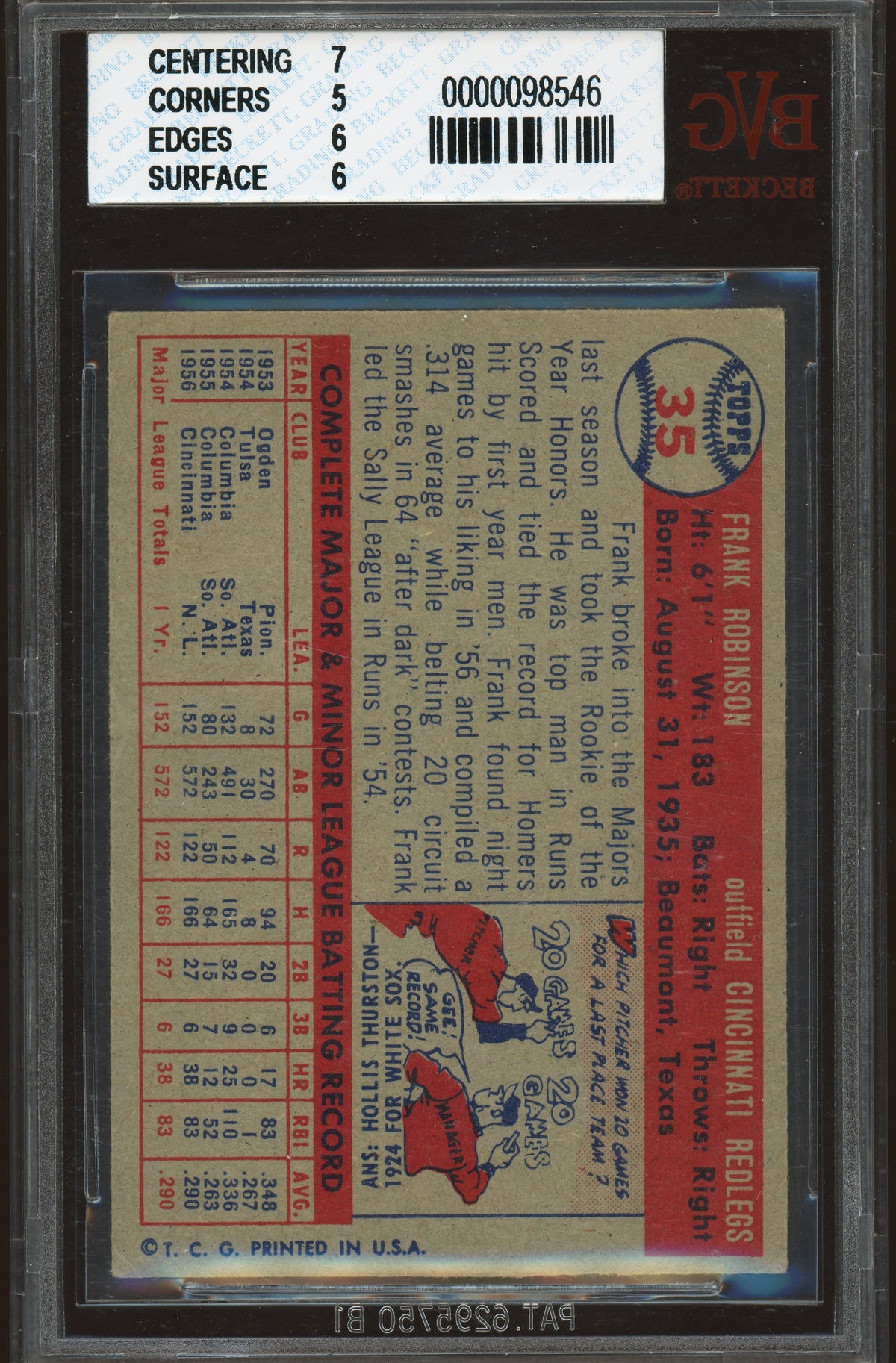 1957 Topps #35 Frank Robinson RC Rookie BVG 5.5 EX+
