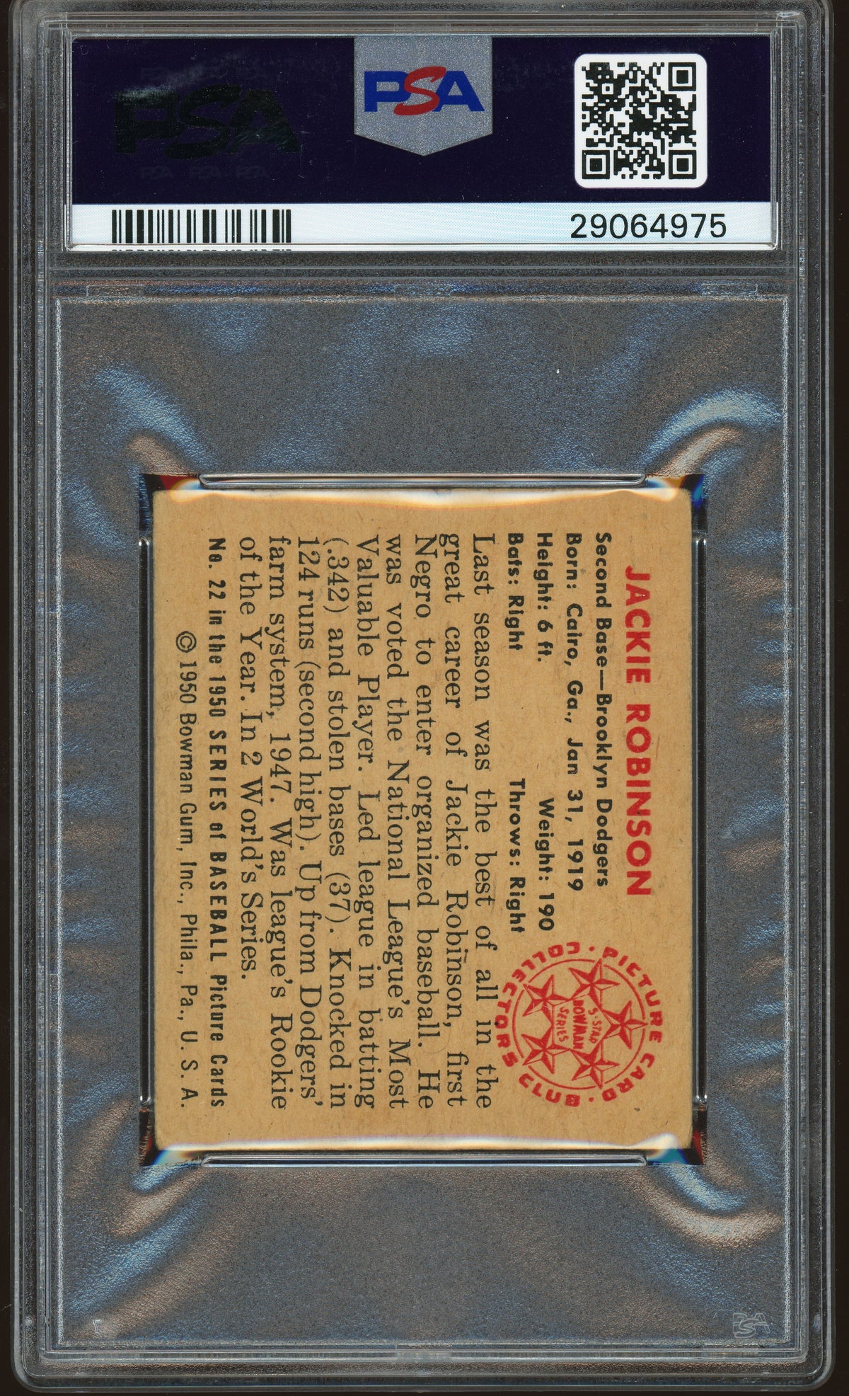 1950 Bowman #22 Jackie Robinson PSA 2.5 GD+ Well Centered New Label