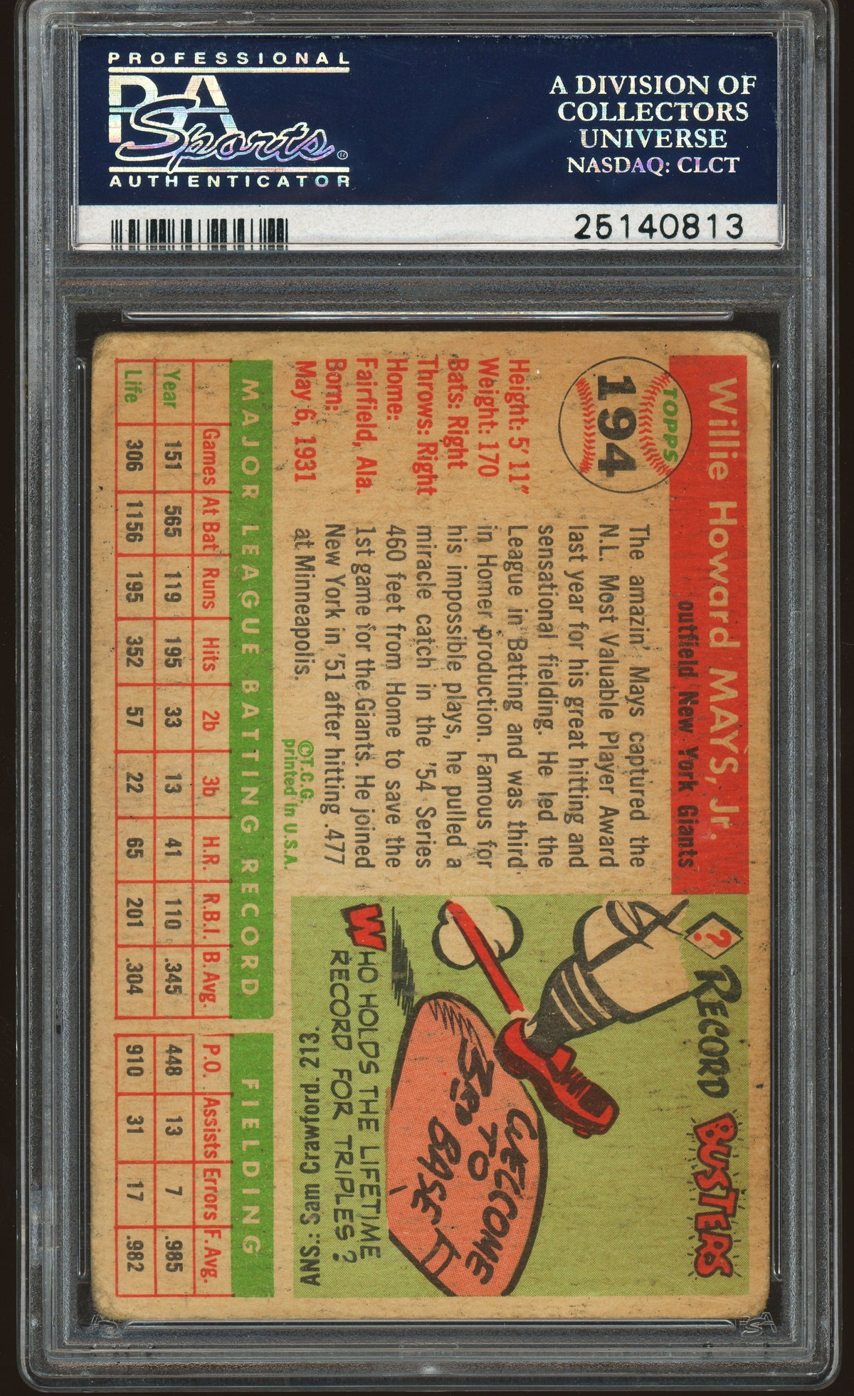 1955 Topps #194 Willie Mays PSA 1.5 Well Centered