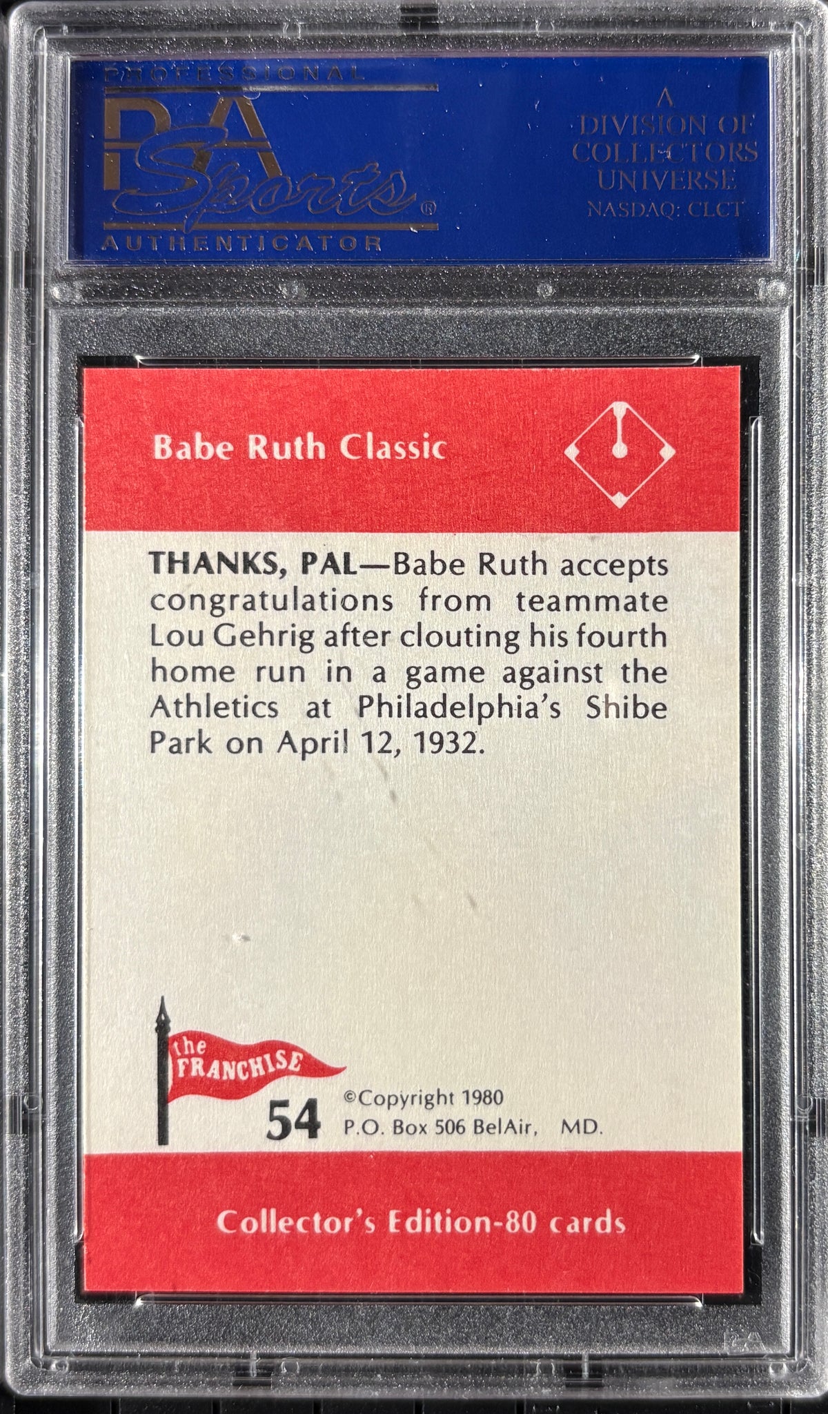 1980 Franchise Babe Ruth #54 Thanks, Pal PSA 10 GEM MT