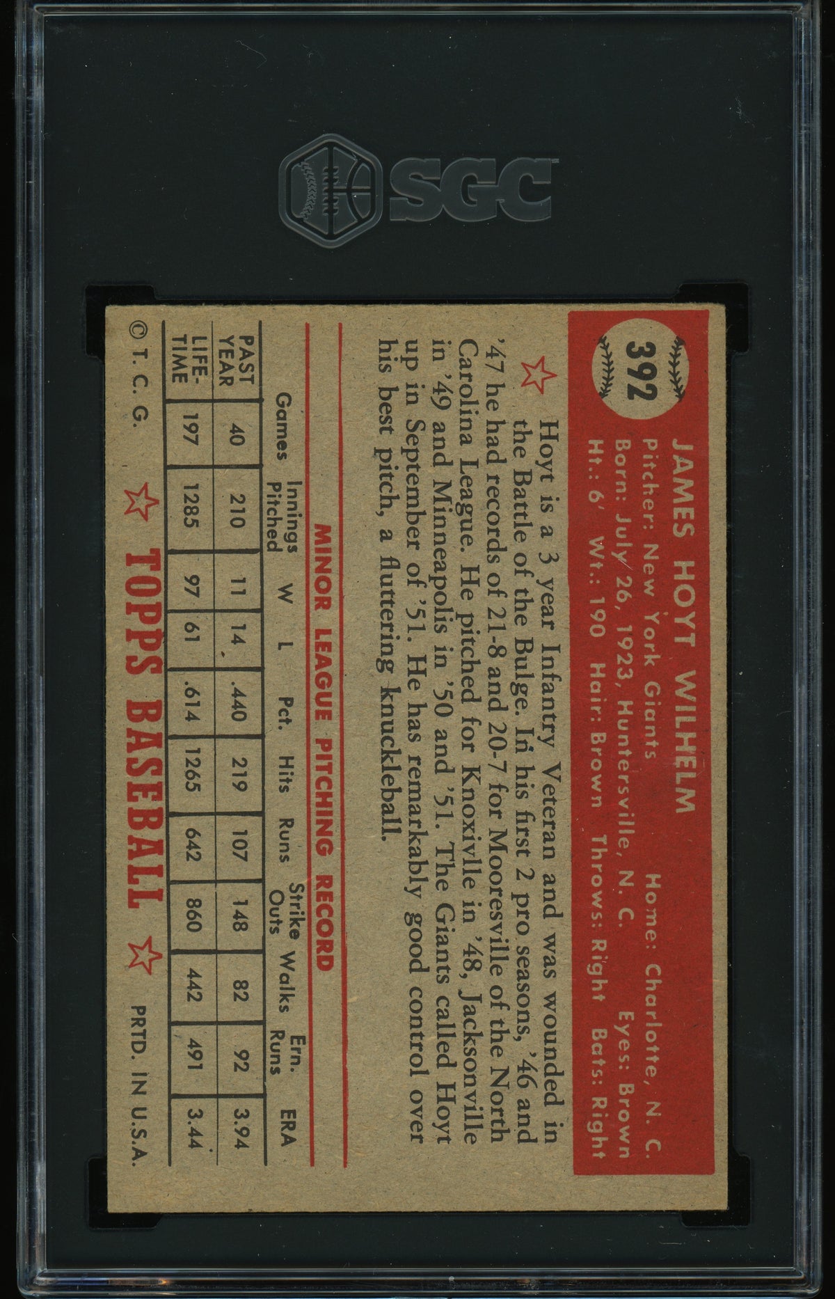 1952 Topps #392 Hoyt Wilhelm RC Rookie SGC 5 EX SHARP + Nice Color