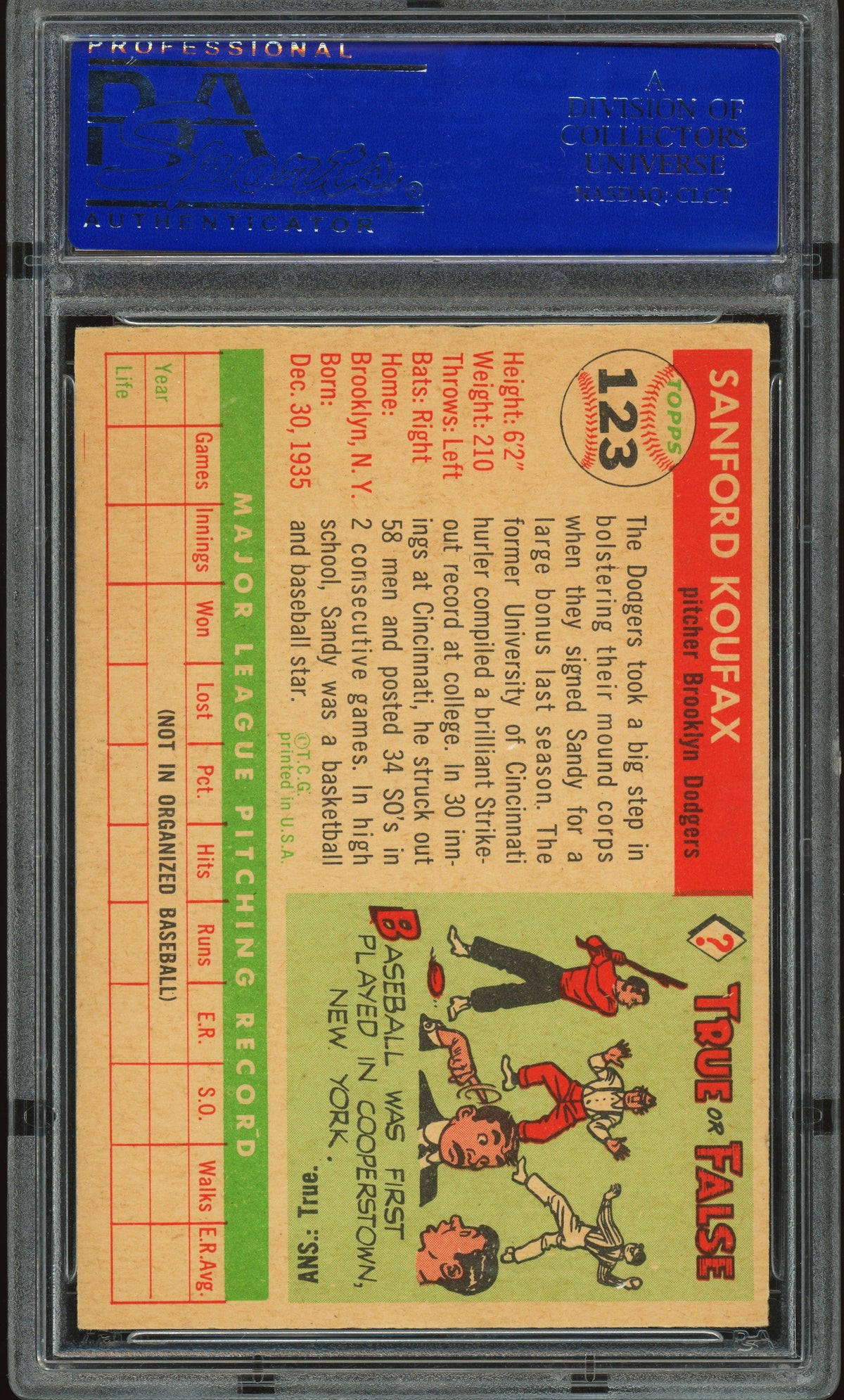 1955 Topps #123 Sandy Koufax RC Rookie PSA 5 EX