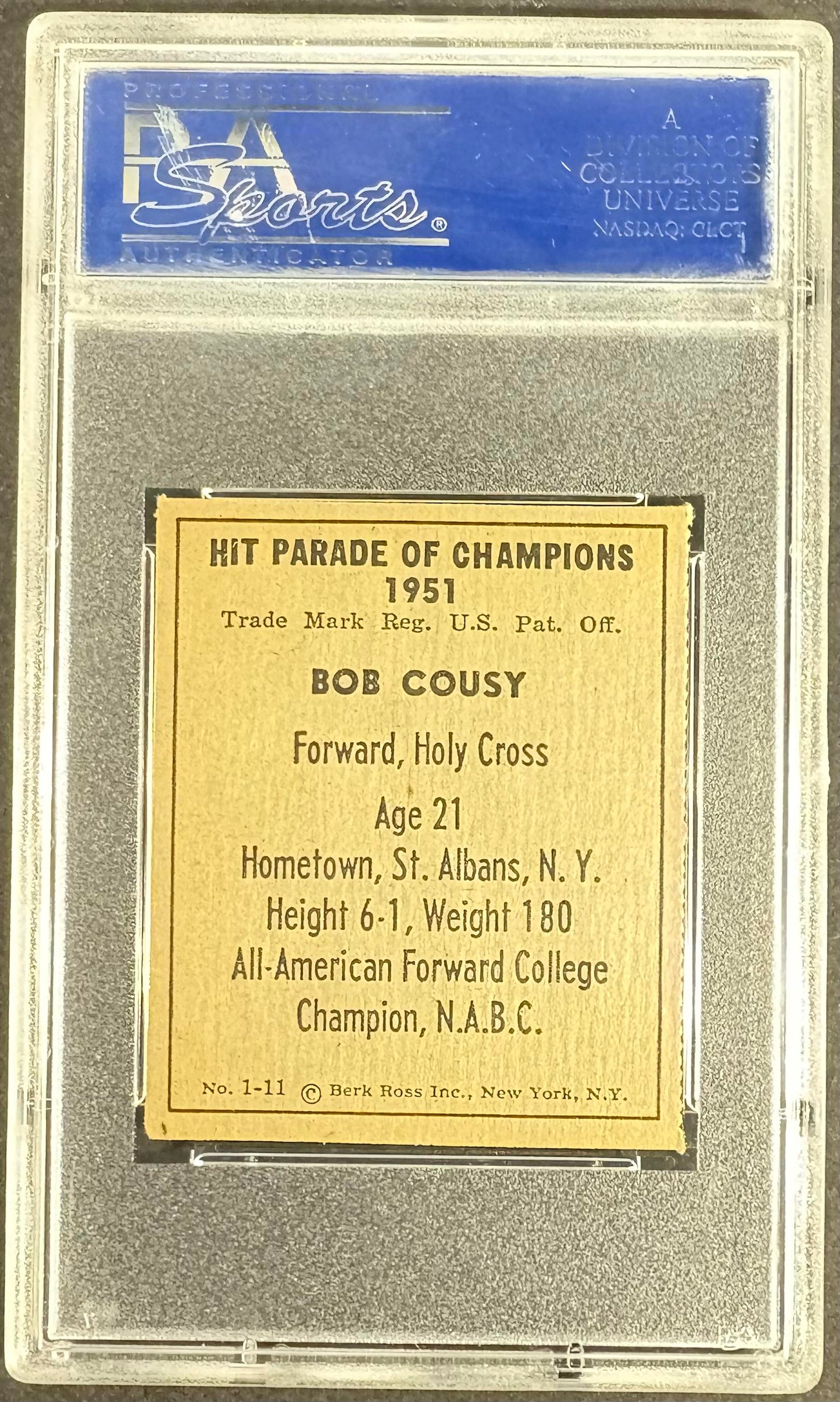1951 Berk Ross #1-11 Bob Cousy RC Rookie PSA 6 EX-MT