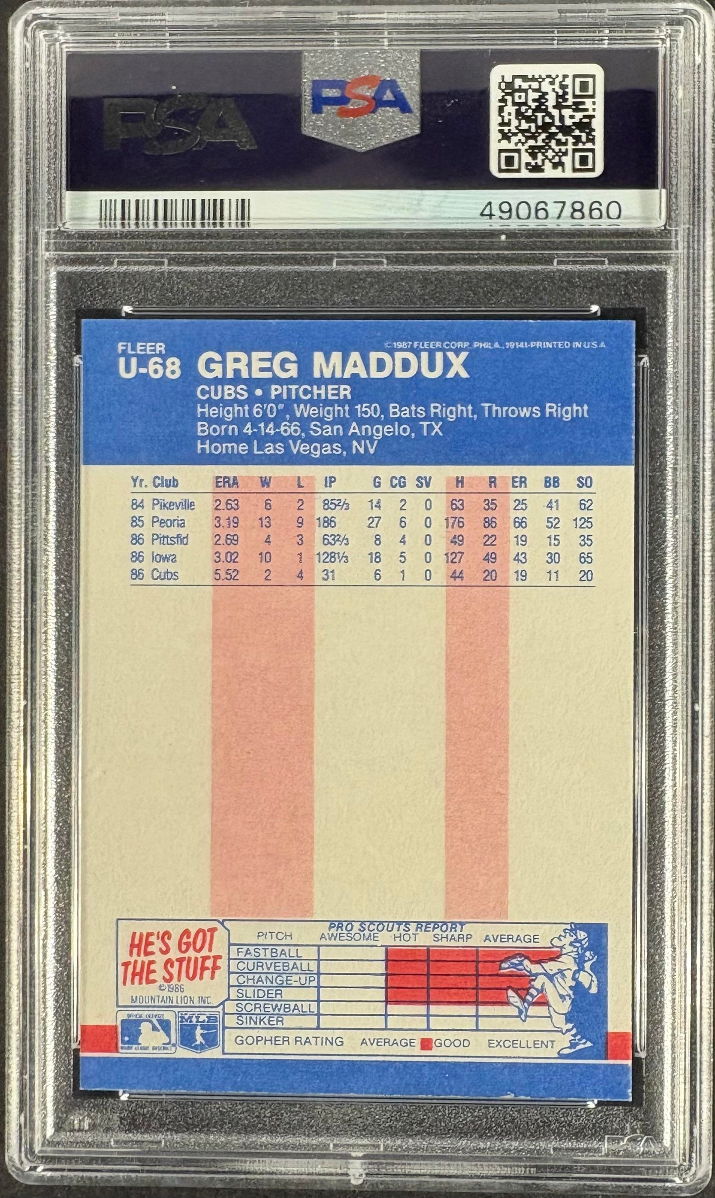 1987 Fleer Update Glossy #U-68 Greg Maddux RC Rookie PSA 9 MINT New Label