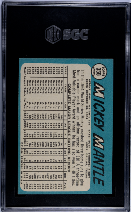 1965 Topps #350 Mickey Mantle SGC 4.5 VG-EX+ Nice Color