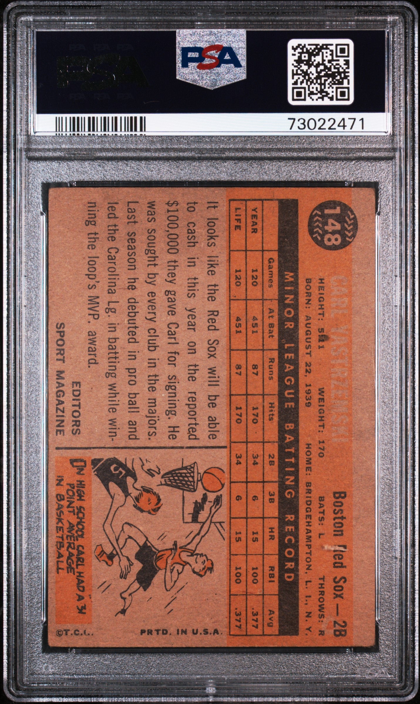 1960 Topps #148 Carl Yastrzemski RC Rookie PSA 4 VG-EX New Label