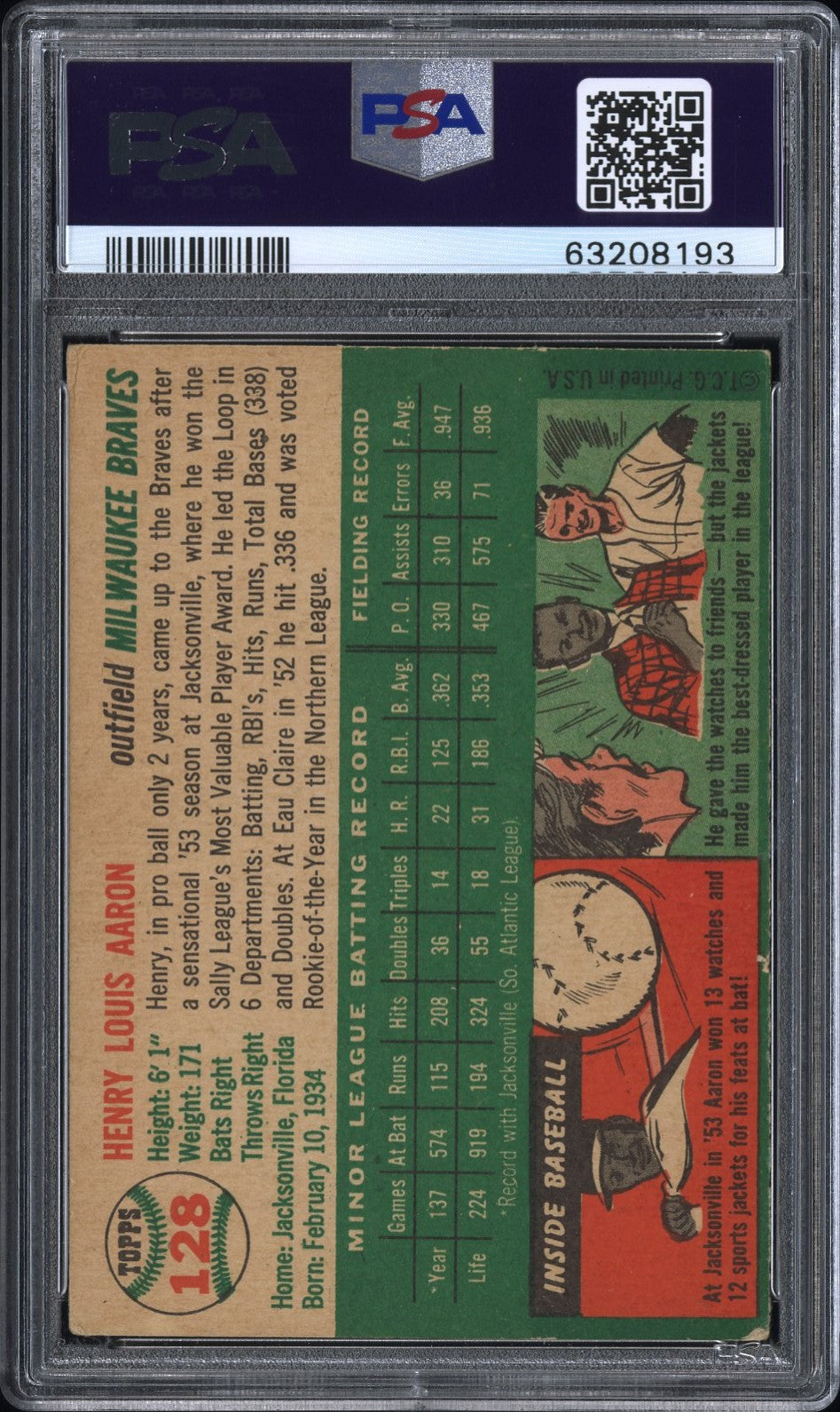 1954 Topps #128 Henry Hank Aaron RC Rookie PSA 4 VG-EX Nice Color New Label