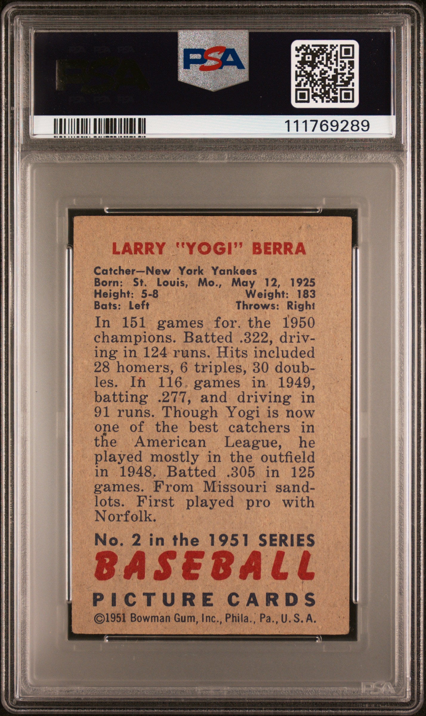 1951 Bowman #2 Yogi Berra PSA 4 VG-EX New Label