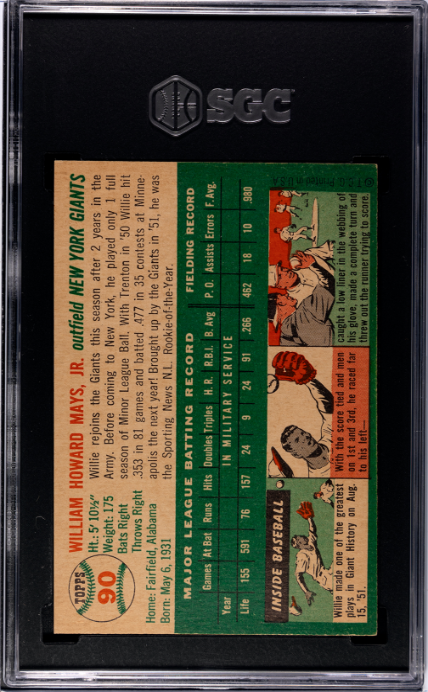 1954 Topps #90 Willie Mays SGC Authentic CREASE FREE + SHARP