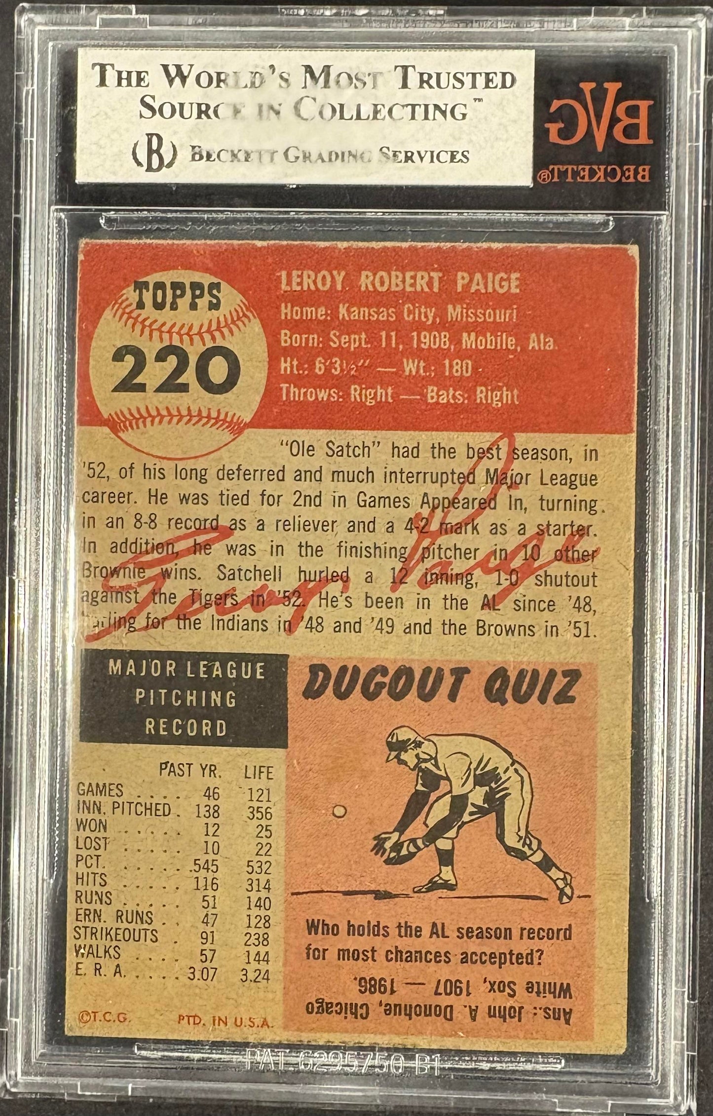 1953 Topps #220 Satchell Satchel Paige BVG 3 VG Sharp + Nice Color